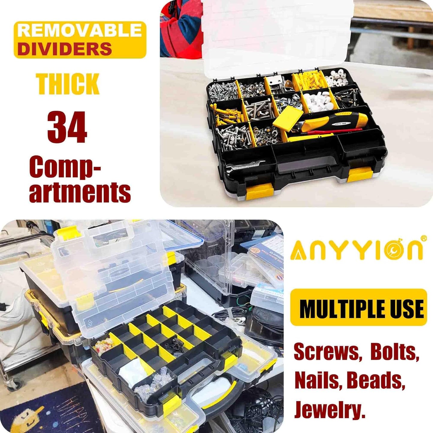 Anyyion Small Parts Organizer, 34-Compartments Double Side parts organizer with Removable Dividers for Hardware, Screws, Bolts, Nails, Beads, Jewelry. (1 PCS, Yellow)