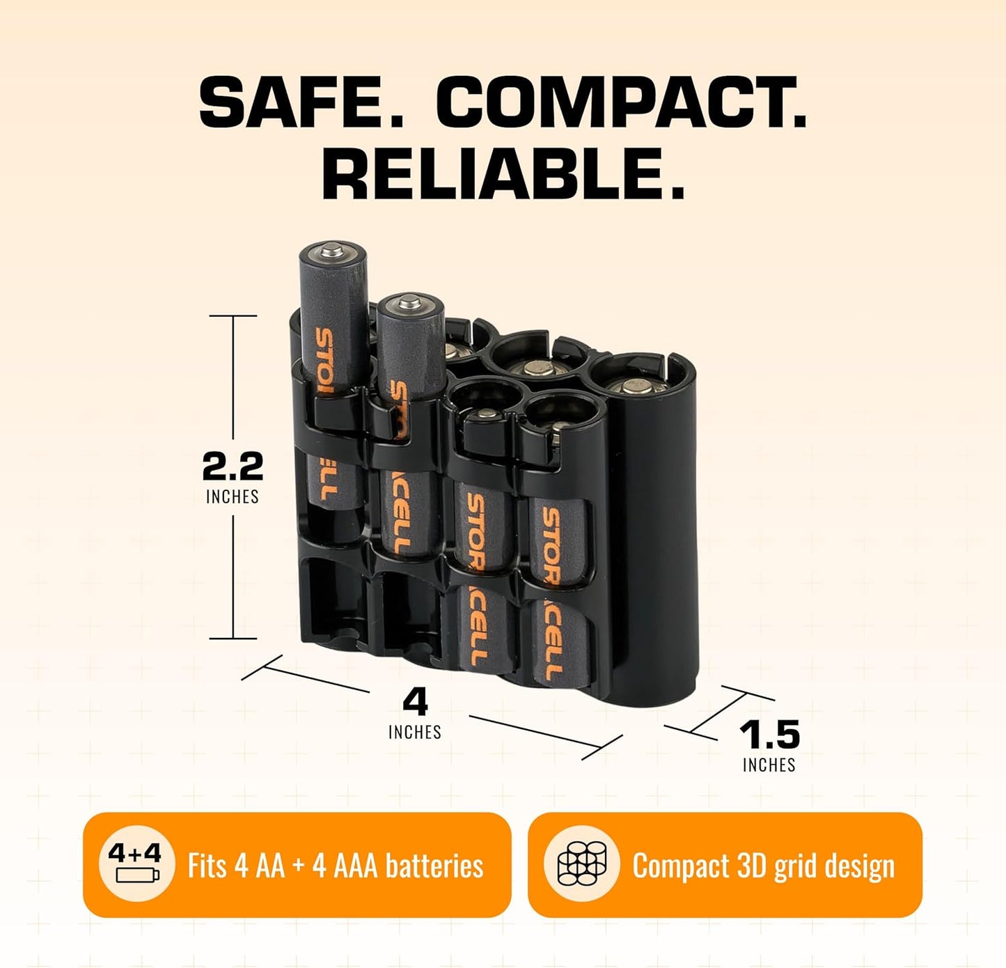 Storacell AA + AAA Combo Battery Storage Caddy and Dispenser (Pack of 2), Black, Holds 4 AA + 4 AAA Batteries (Not Included), Durable & Compact Design, The Original Battery Caddy, Made in The USA
