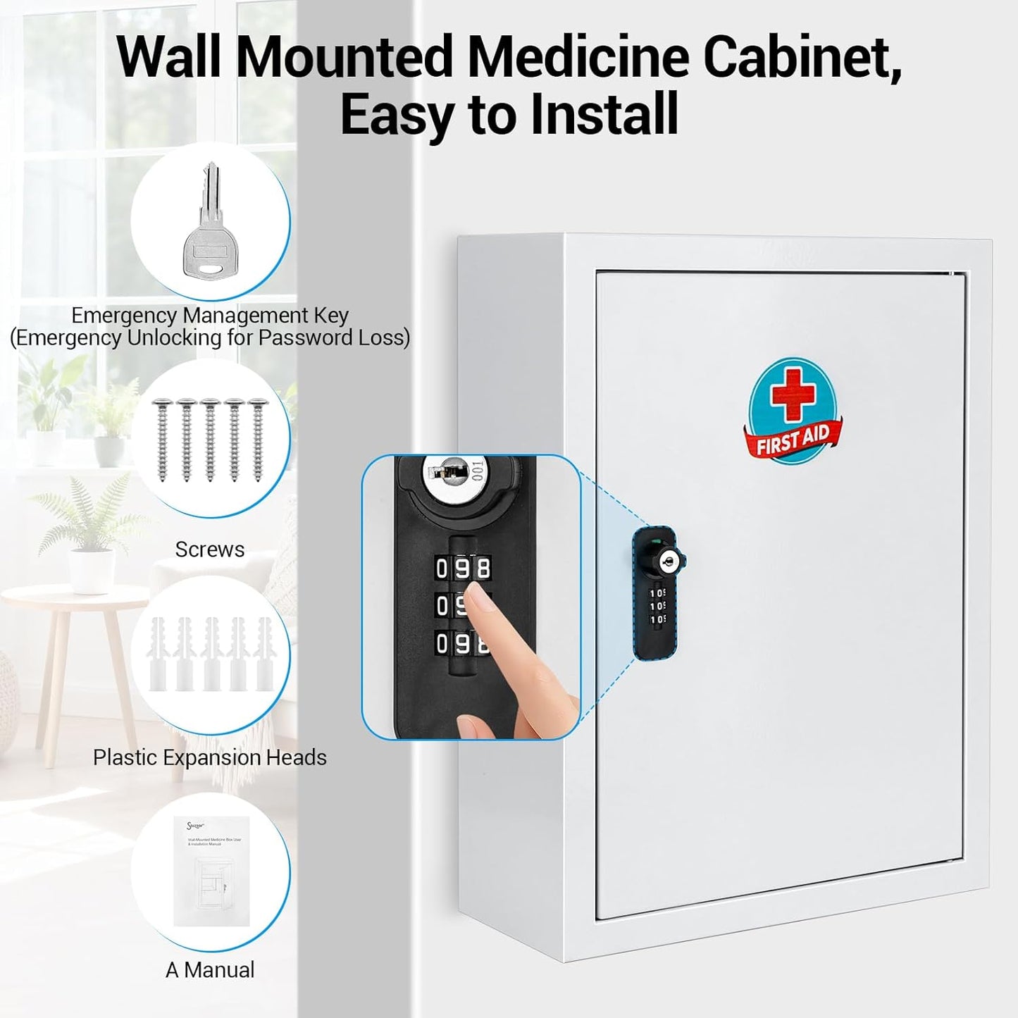 Wall Mounted Metal Medicine Cabinet with Key Lock, First Aid Medication Storage Box, White (Small)
