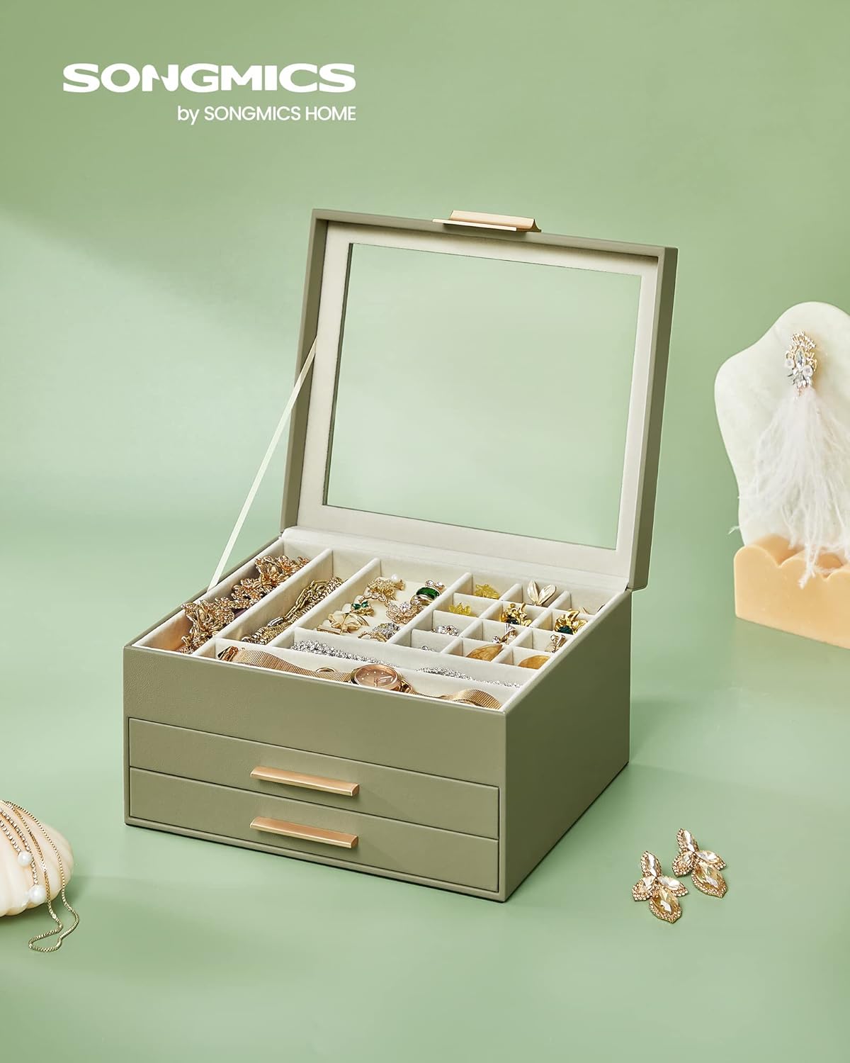 SONGMICS Jewelry Box Organizer with Glass Lid, 3-Layer Jewelry Storage, with 2 Drawers, Modern Style, Christmas Gift, 8 x 9.1 x 5.3 Inches, Avocado Green and Gold Color UJBC239C02