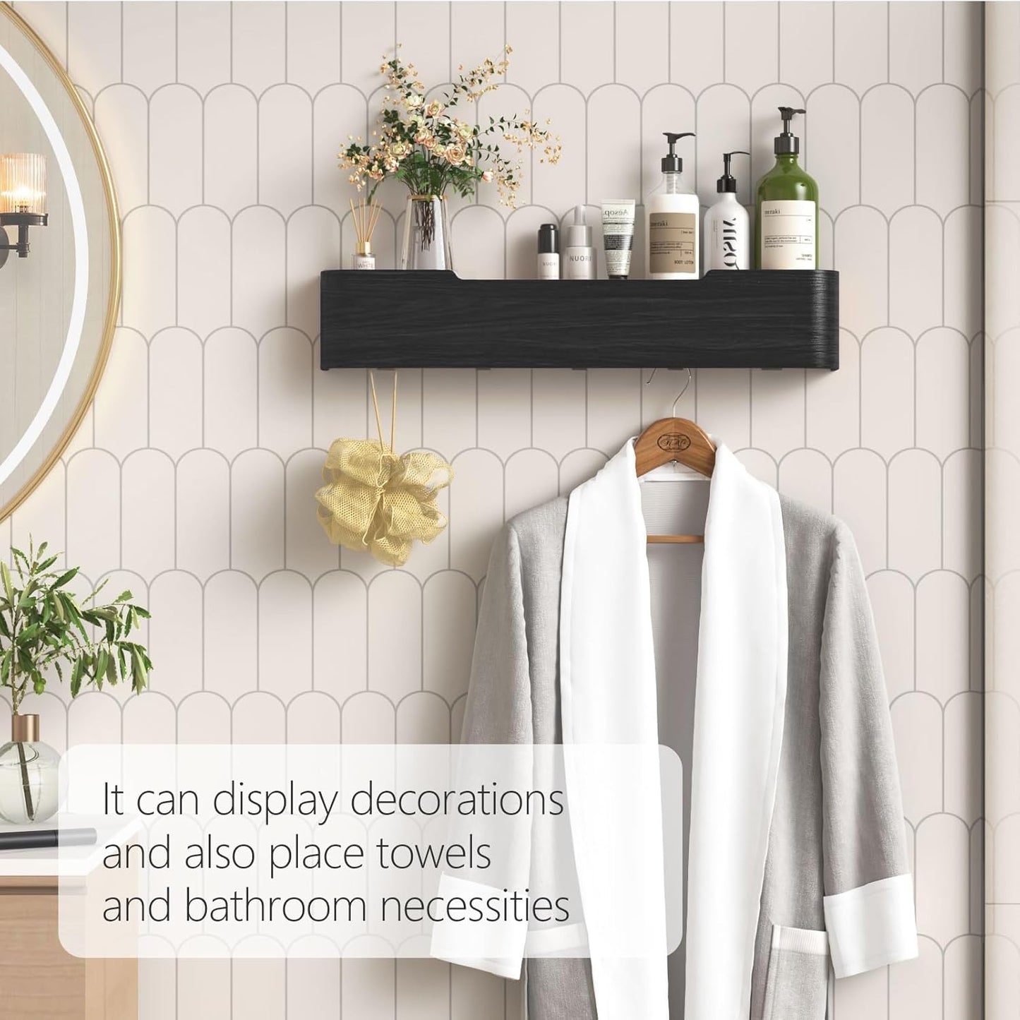 Coat Rack Wall Mount with Hidden Hooks Modern Key Holder Wood Entryway Hook with Shelf for Bedroom Kitchen Hallway Bathroom Designed for Hanging Coats Hats Bags Towels Dog Leashe(Black,5 Hooks)
