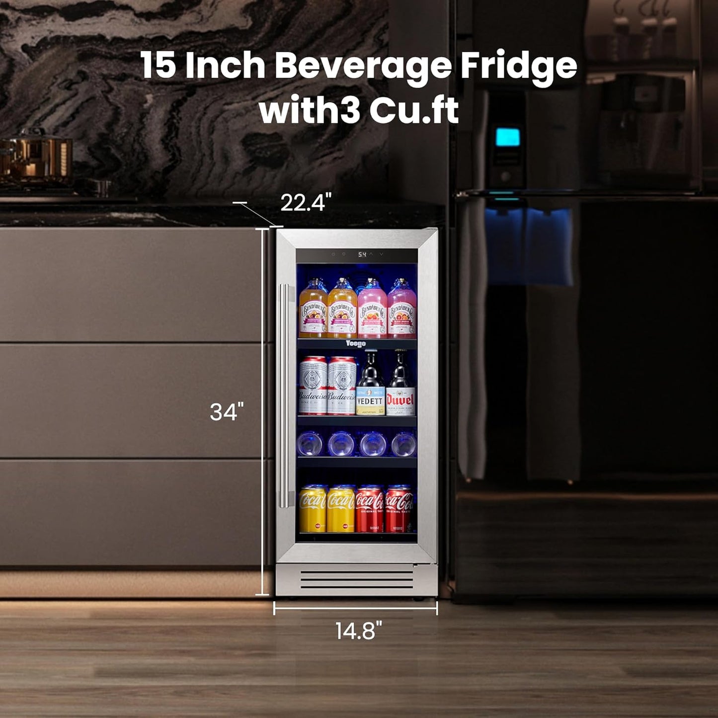 Yeego 15 Inch Beverage Refrigerator – 100 Can Mini Fridge with Glass Door, 34-54 ℉ Built-In Freestanding or Under Counter Beverage Cooler for Drink Soda Wine - For Home Bar Office