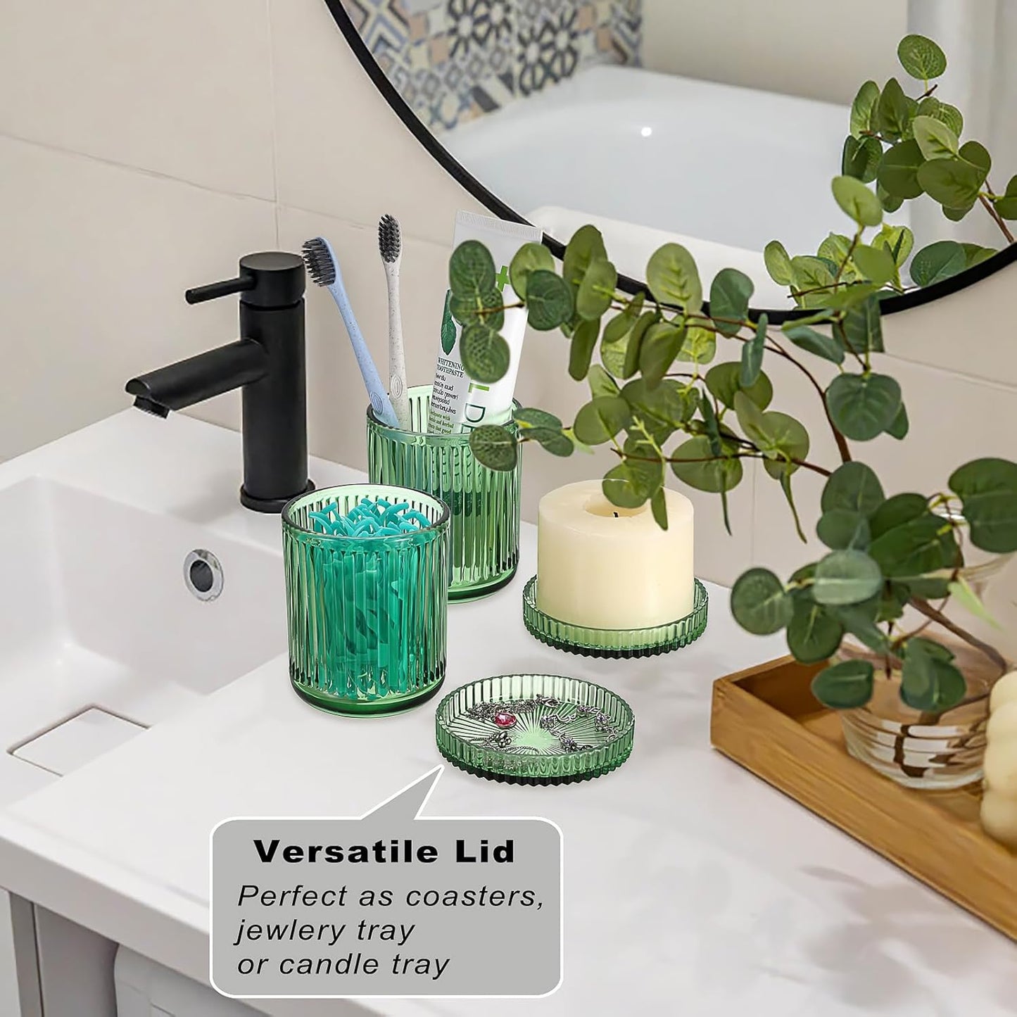 2 Pack Glass Qtip Holder with Lid, Qtip Dispenser Bathroom Storage Jars- Glass Apothecary Jars for Cotton Ball, Swab, Pads, Floss Picks, Bathroom Accessories Organization and Vanity Organizer(Green)