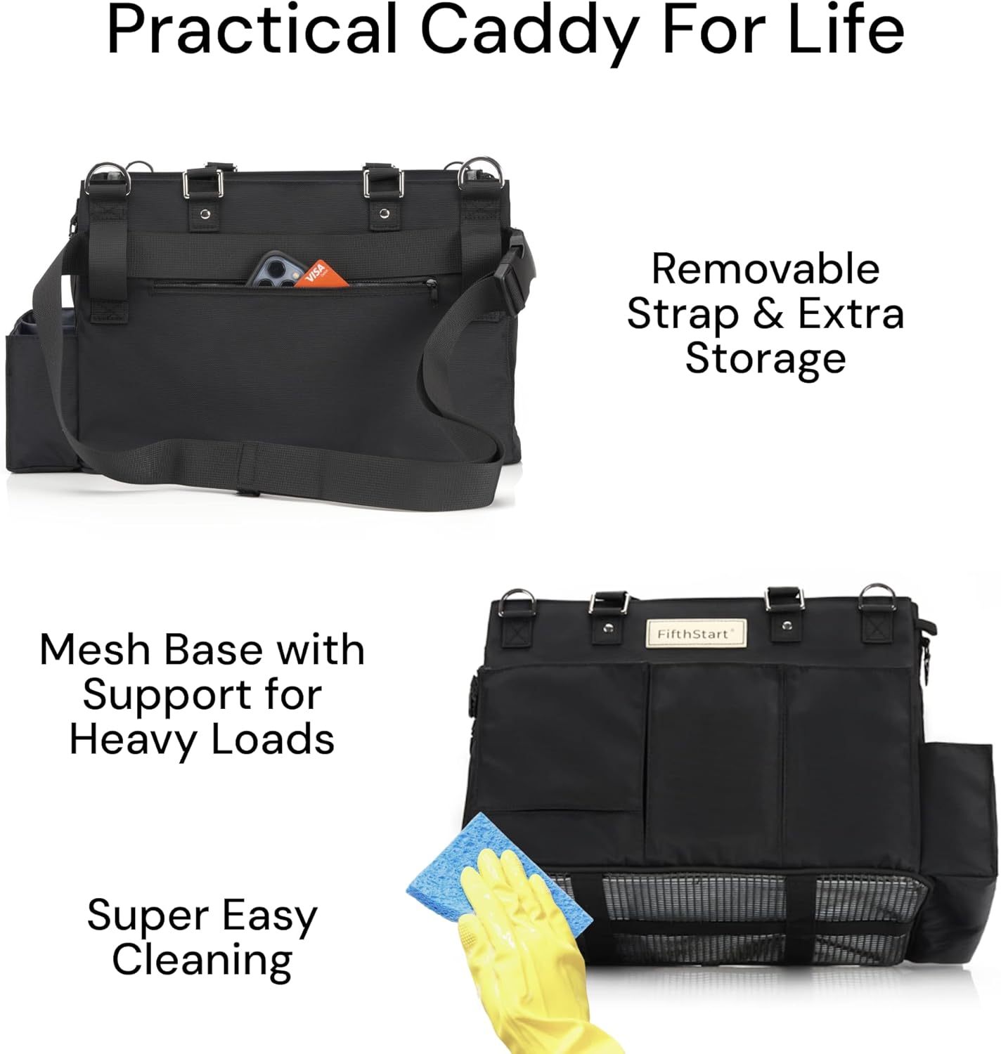 FifthStart Multiuse Cleaning Caddy with Waist & Shoulder Strap - Diaper Caddy & Beach Bag - 9 Pockets & Mesh Base - Adjustable Compartments (Black, Small) - Cleaning Supplies Organizer Bag