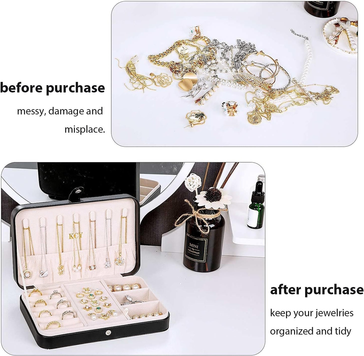 KCY Travel Jewelry Organizer Box for Women Girls, Small Travel Jewelry Case, PU Leather Portable Jewellery Storage Boxes Display Holder for Ring Earrings Necklace Bracelet Bangle, Gifts, Black