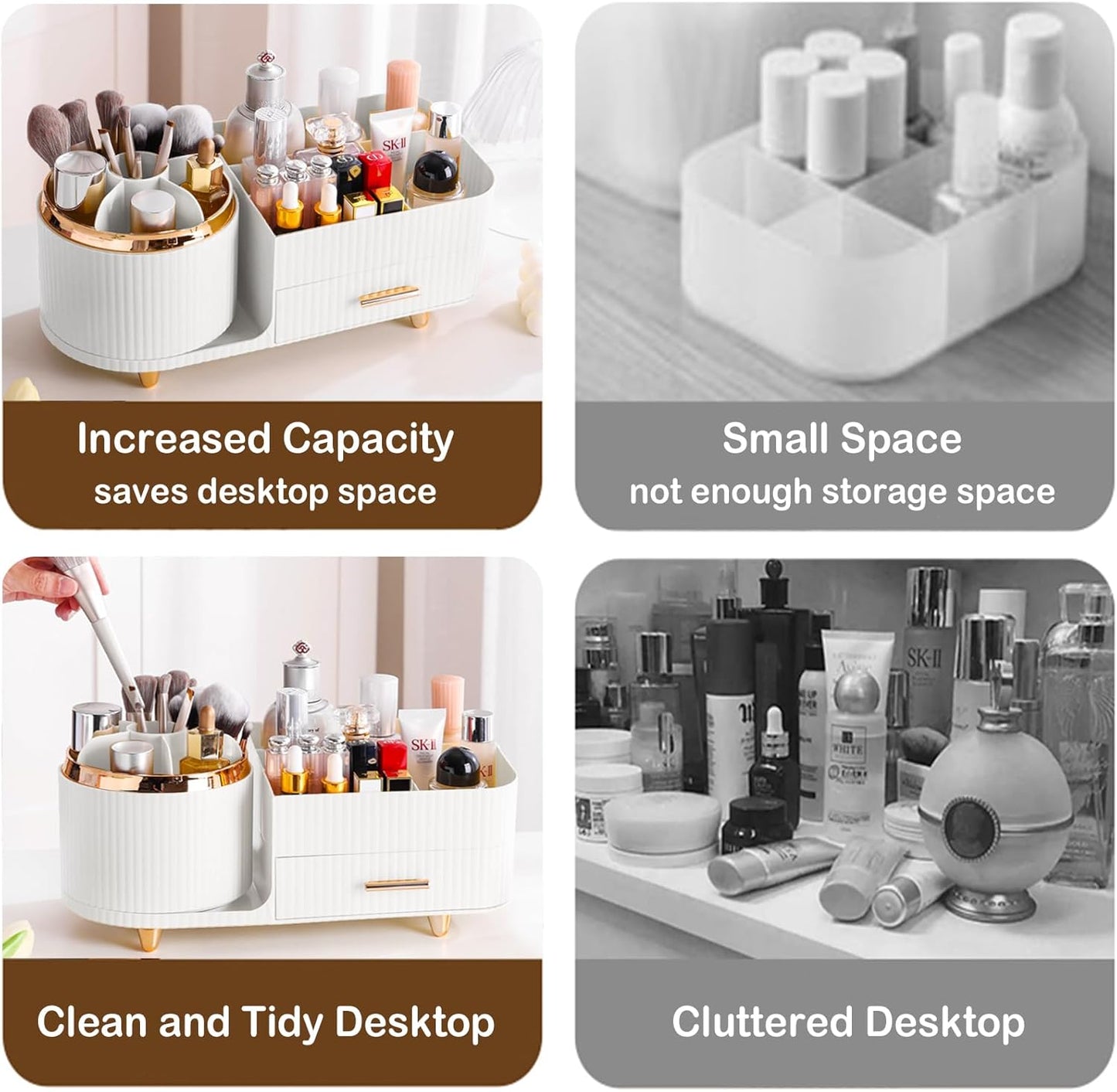 Rotating Makeup Organizer for Vanity with Brush Holder and Drawer, Cosmetic Makeup Storage, Large Spinning Makeup Skincare Organizer, Countertop Makeup Perfume Organizer, Lotions Display Case (White)
