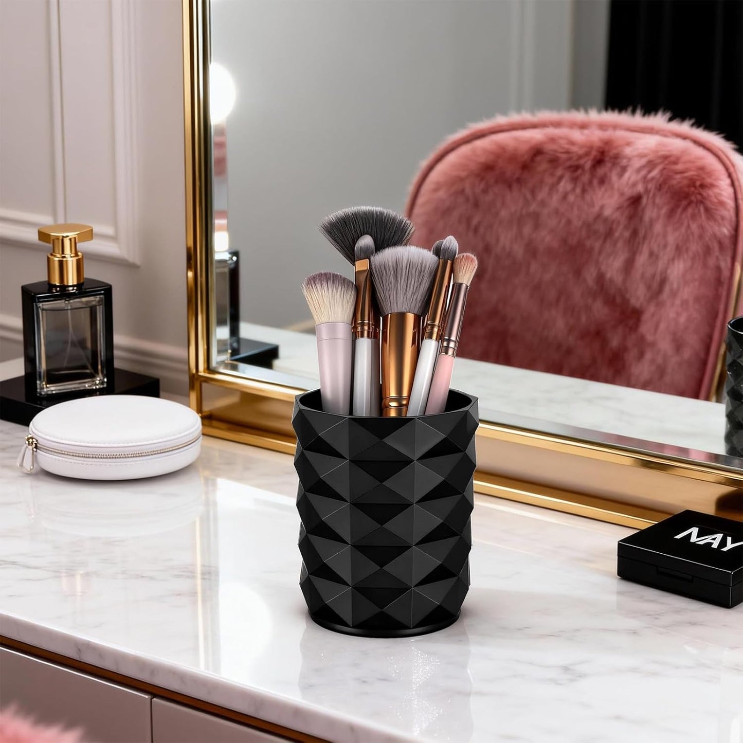 Acrylic Makeup Brush Holder Organizer, Black Makeup Brush Organizer, Stylish Pencil Holder for Desk, Cosmetics Brushes Cup Storage with Texture, Desk Accessories for Office, School, Home