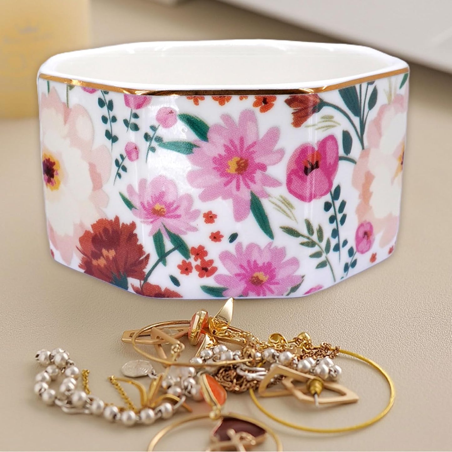 Ceramic Paper Clip Holder Gold Line Paper Clip Dispenser Organizer for Desk Cute Floral Pattern Office Binder Clip Holder Bobby Pin and Hair Clip Holder Gift for Office (White Pink)