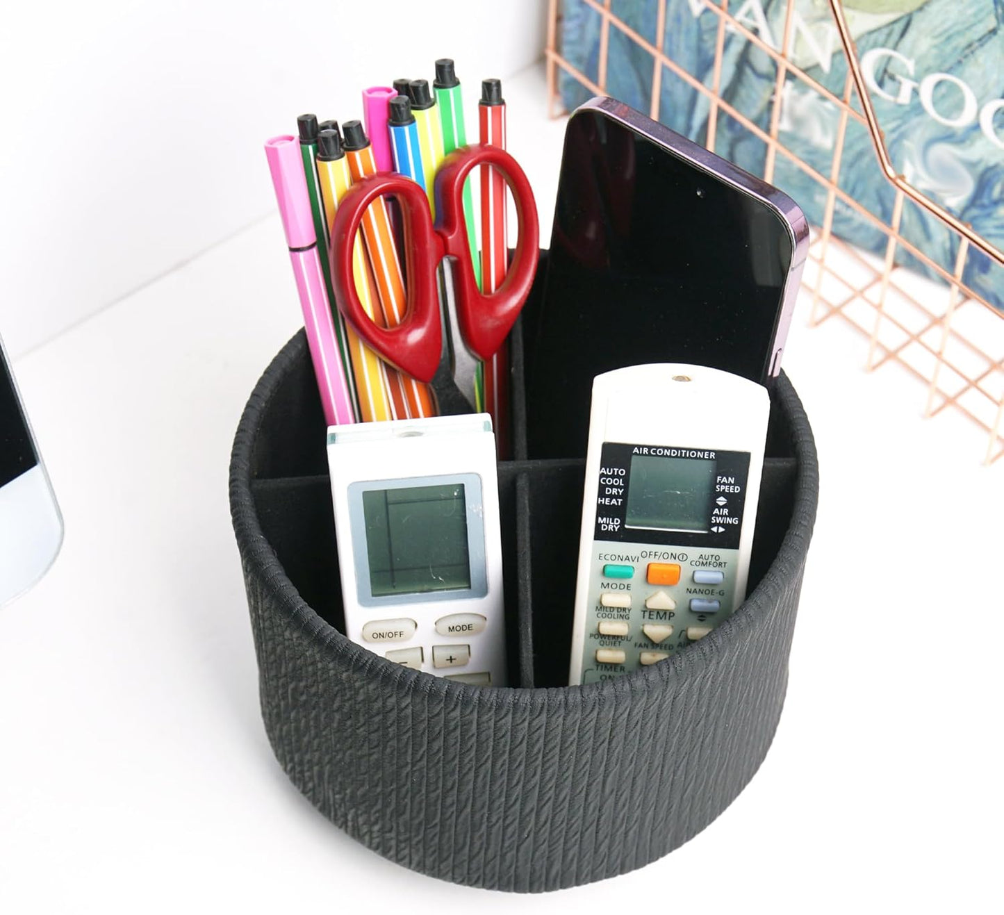 Round Leather Art Supply Organizer,Remote Control Holder,360 Degree Spinning,Multi-Functional Pencil Holder,4 Compartments Desktop Stationary Organizer(1-Wood Black)