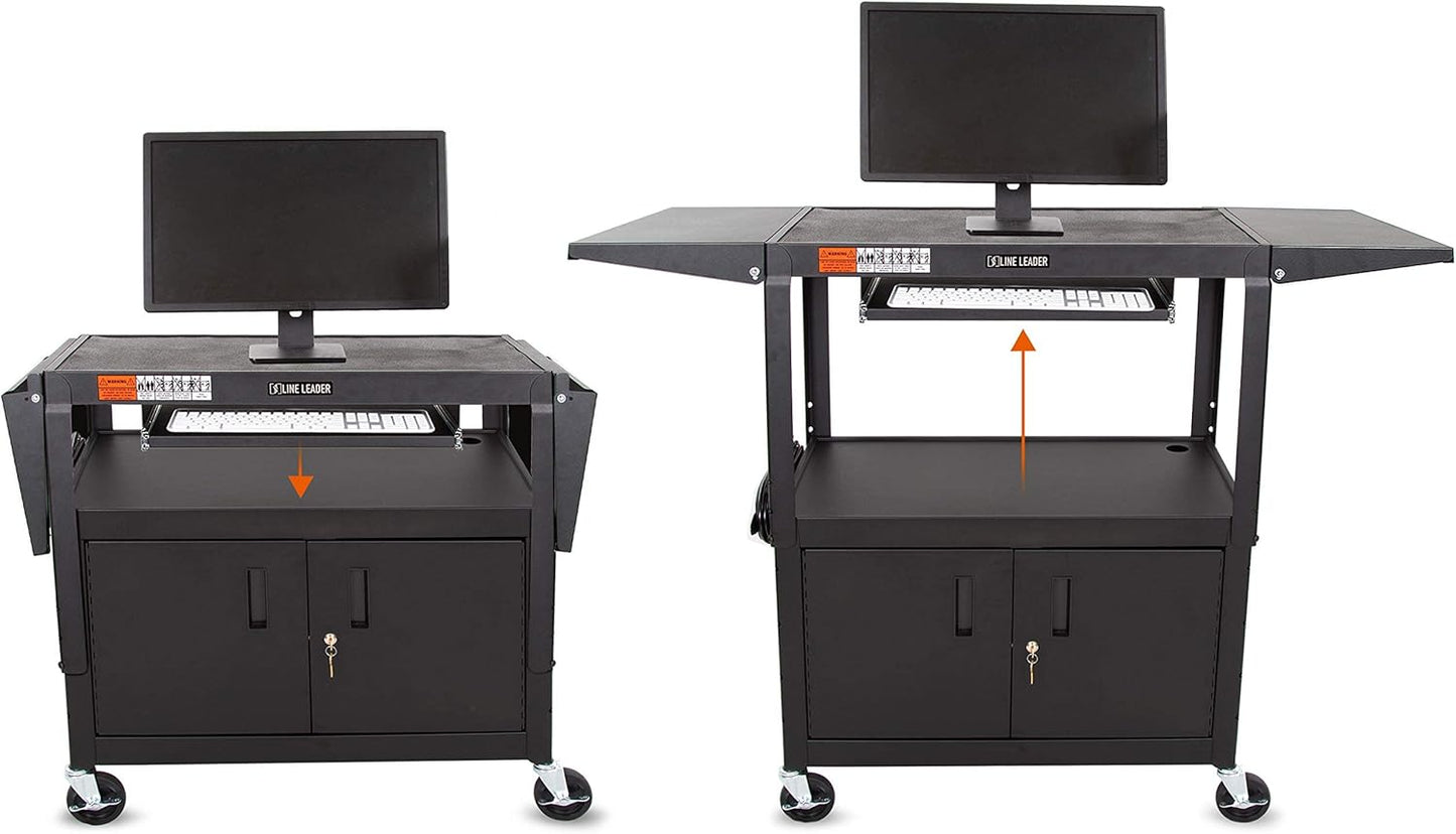 Line Leader Large AV Cart with Locking Cabinet & Drop Leaves, Rolling Height Adjustable Utility Cart with Pullout Laptop Keyboard Tray & Cord Management, Narrow Mobile Workstation (Black, 54 x 18)