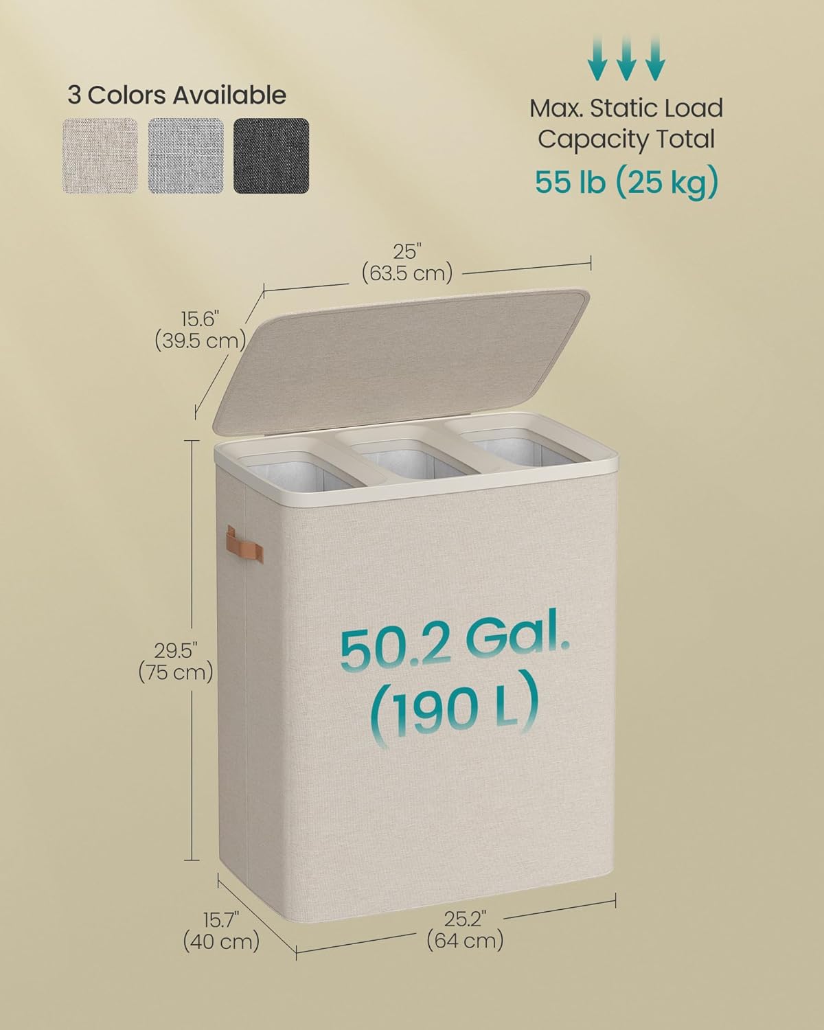 SONGMICS Laundry Basket, 50.2 Gal. Laundry Hamper, 3 Compartments, Easy Assembly, with Lid and Handles, Removable Liners, 25.2 x 15.7 x 29.5 Inches, Cappuccino Beige ULCB814LH01