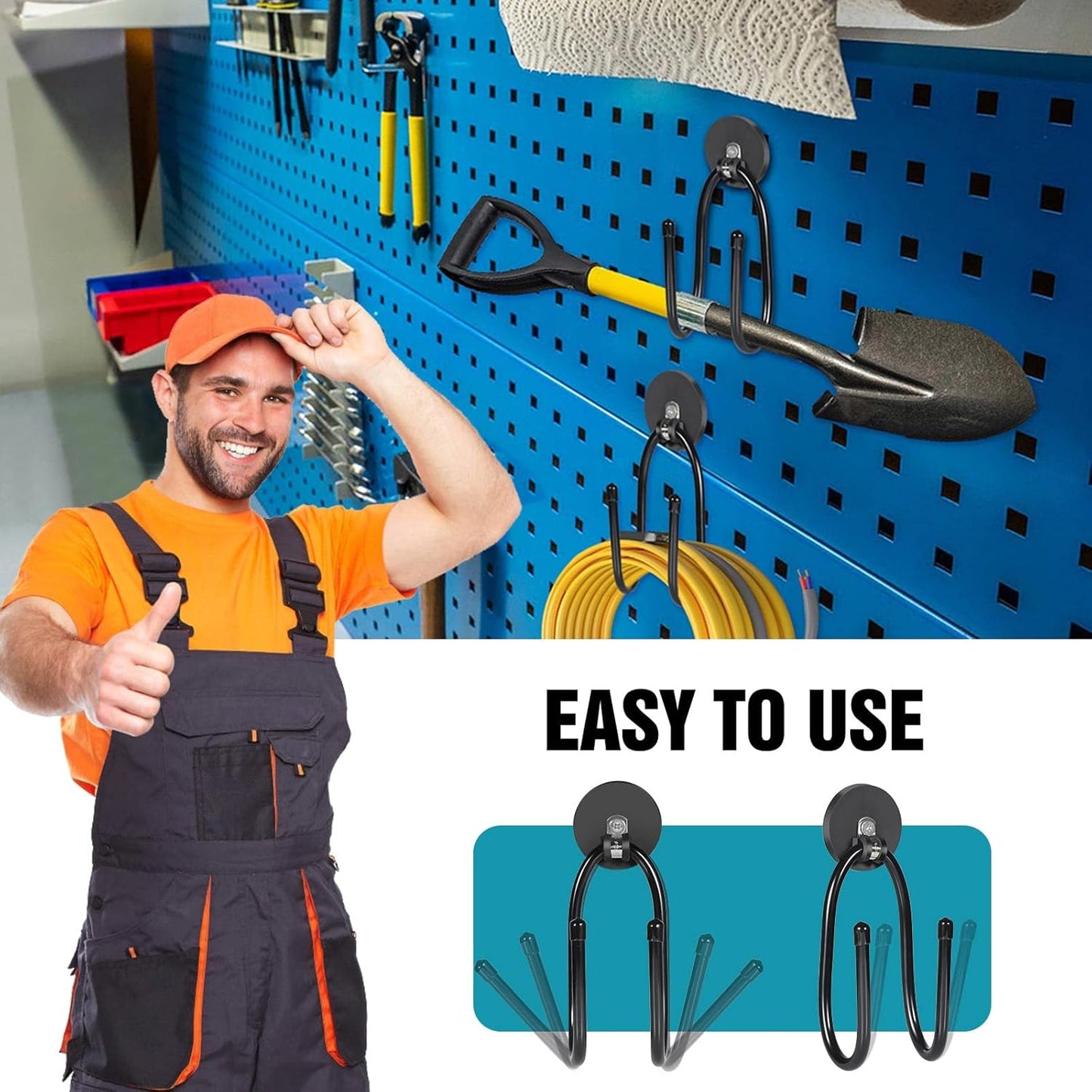 Strong Magnetic Hooks,Heavy Duty Storage Straps Tool Organizer for Extension Cords, Hoses, Cables, Ropes, Drills,Wall Mount for RV and Garage (2 PCS 50 Pounds) (Black-2PCS)