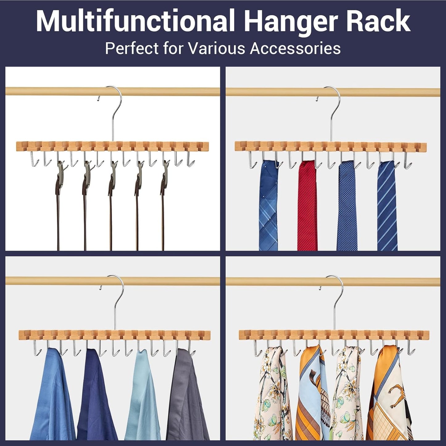 Belt Hanger Organizer for Closet: Ohuhu 2 in 1 Wall Mount Hanger 14 Slots+13 Hooks Storage Wooden Belt Organization 360 Degree Rotating Belt Display Holder for Belt Tie Scarf Accessories