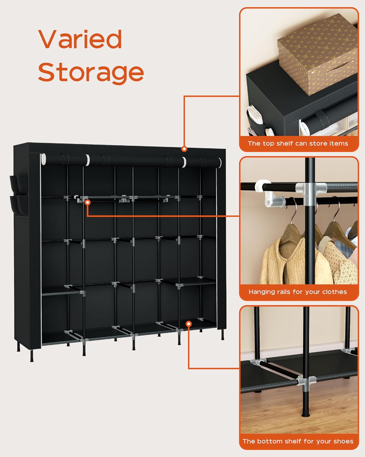 Portable Closet, 66.9 Inch Large Capacity Wardrobe Closet with Cover, Clothes Storage Organizer with Shelves and 4 Hanging Rods, Easy to Assembly, Black PCT204B01