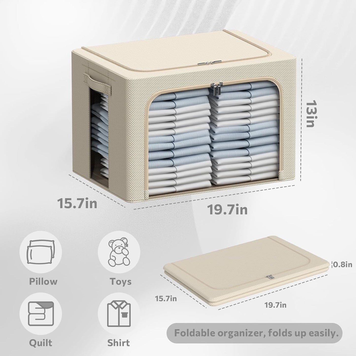 CYhom 3Pack Frame Storage Box - Clothes Storage Bin Bags Oxford Fabric Foldable Stackable Container Organizer Set with Clear Window & Carry Handles Large Capacity (Beige, Large-66L)