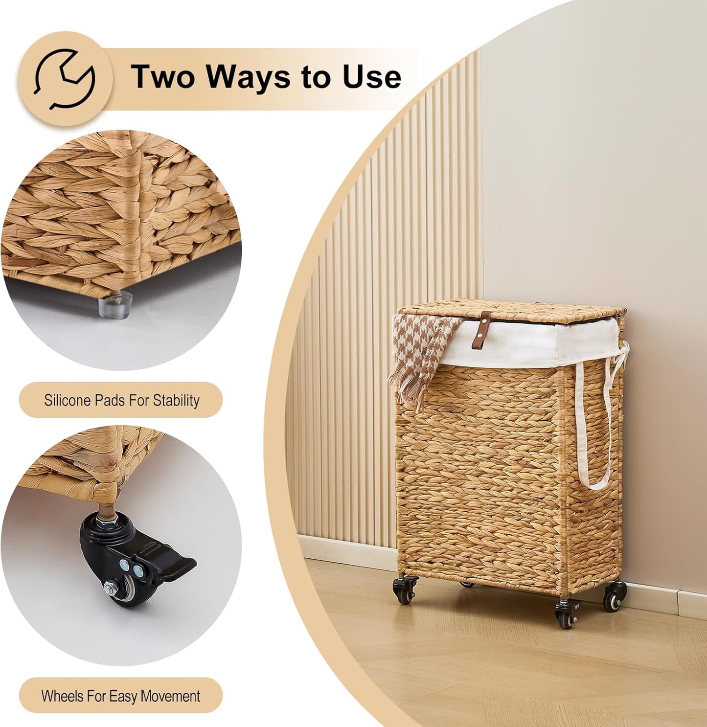 Rolling Laundry Hamper with Lid and Wheels, Slim Laundry Basket with Removable Liner Bag & 2 Mesh Bags, Handwoven Water Hyacinth Clothes Hamper for Bedroom Bathroom (Natural, 50L)