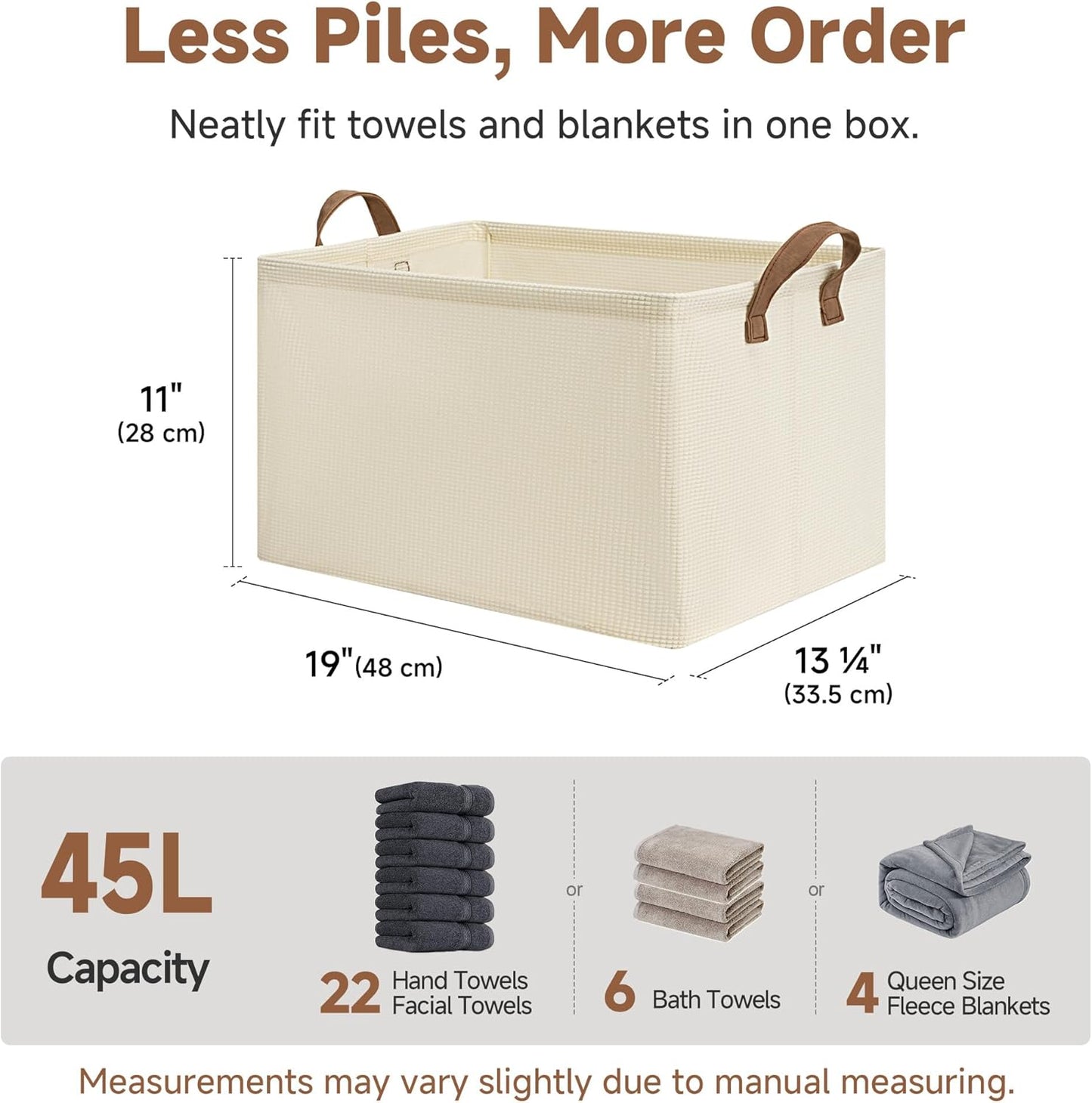 StorageWorks Storage Bins, Shelves Baskets for Organizing, 45L Extra Large Fabric Closet Organizers with Handles, Metal Frame, Beige(Texture), 2-Pack