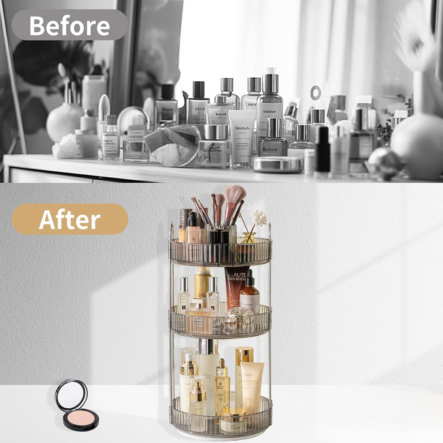 360 Rotating Makeup Organizer,3 Tier Large Capacity Make Up Organizers and Storage,Skincare Perfume Vanity Organizers,Bathroom Cosmetics Storage Organizer Countertop(Grey)