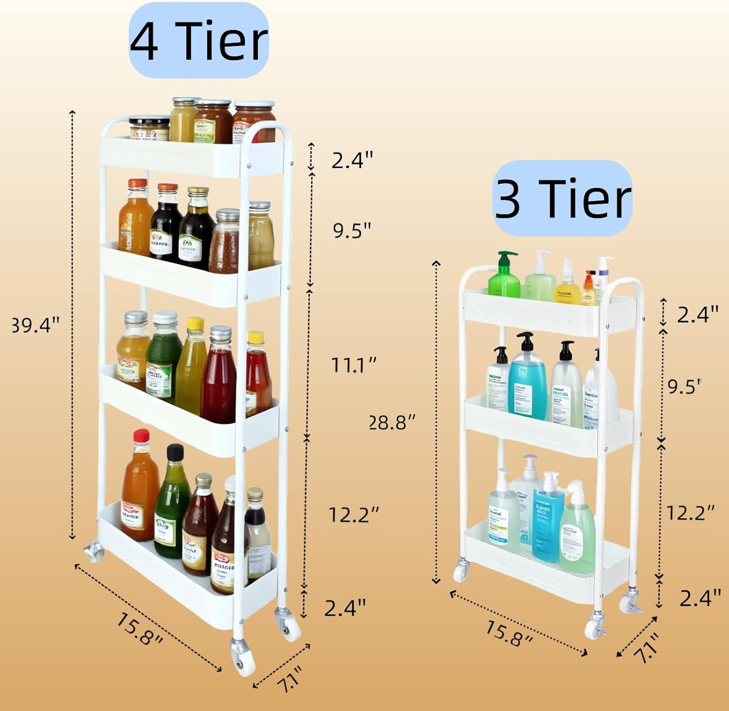 3 Tier Narrow Rolling Storage Cart for Laundry Room Bathroom Kitchen, 7.1'' Slim Utility Cart with Wheels and Lockable Casters Standing Shelf for Small Space & Between Washer and Dryer, White