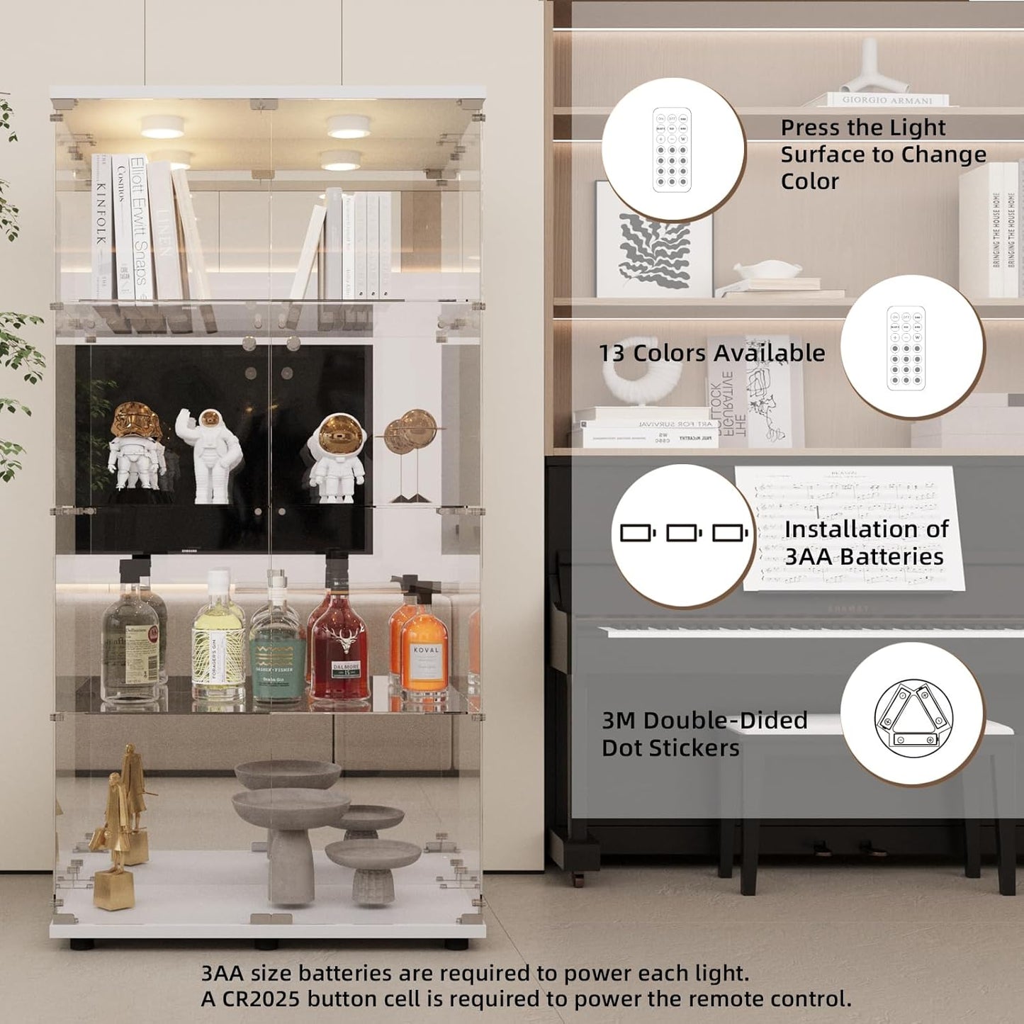 Beauty4U Glass Display Cabinet with LED Light and Mirror, 4 Shelves with 2 Doors, Curio Cabinets for Living Room, Bedroom, Office, White Floor Standing Glass Bookshelf, Quick Installation