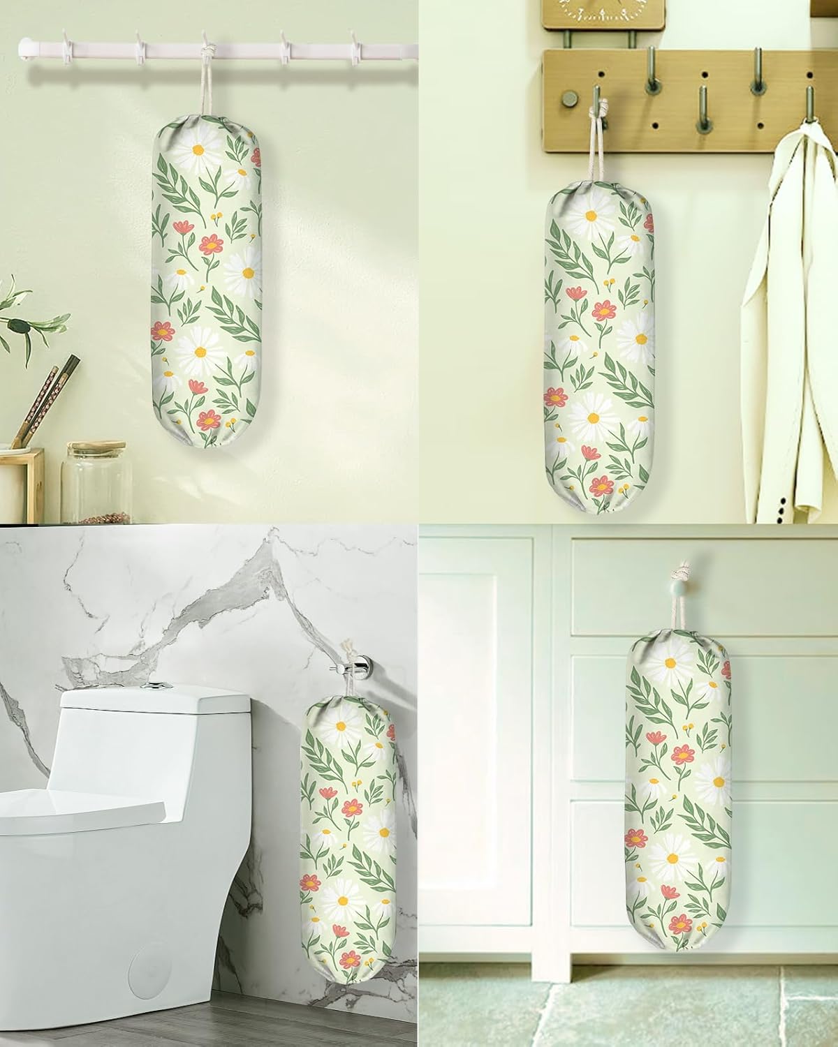 Plastic Bag Holder, Grocery Bag Organizer - 1 Pack Cute Kitchen Dispenser Holders Reusable Shopping Western Hanging Wall with Adjustment Drawstring Closure for Women Home, Daisy