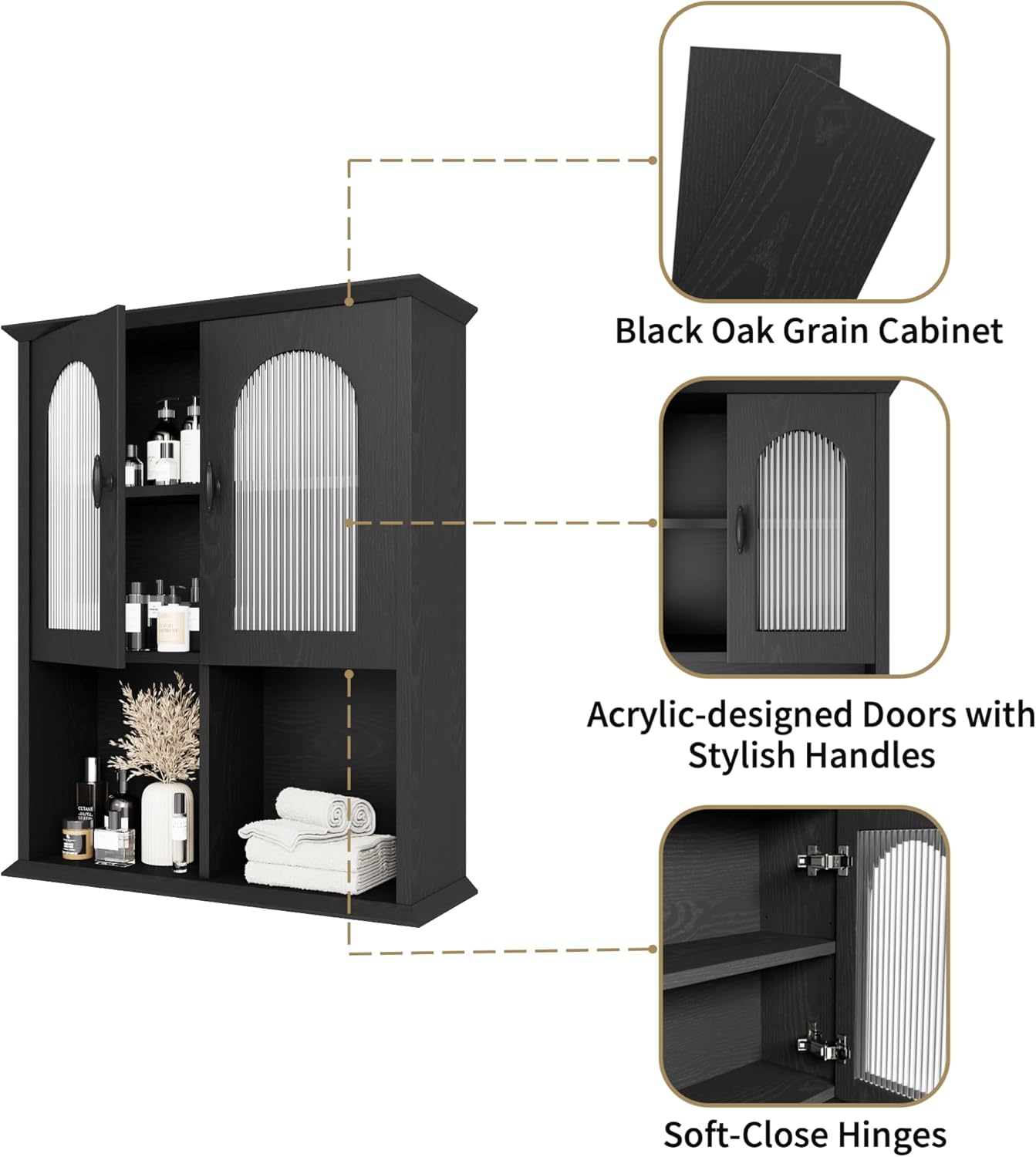 CJL Bathroom Wall Cabinet with Fluted Door, 23.6'' x 29.5'' Medicine Cabinet, Over The Toilet Storage Cabinet, Black
