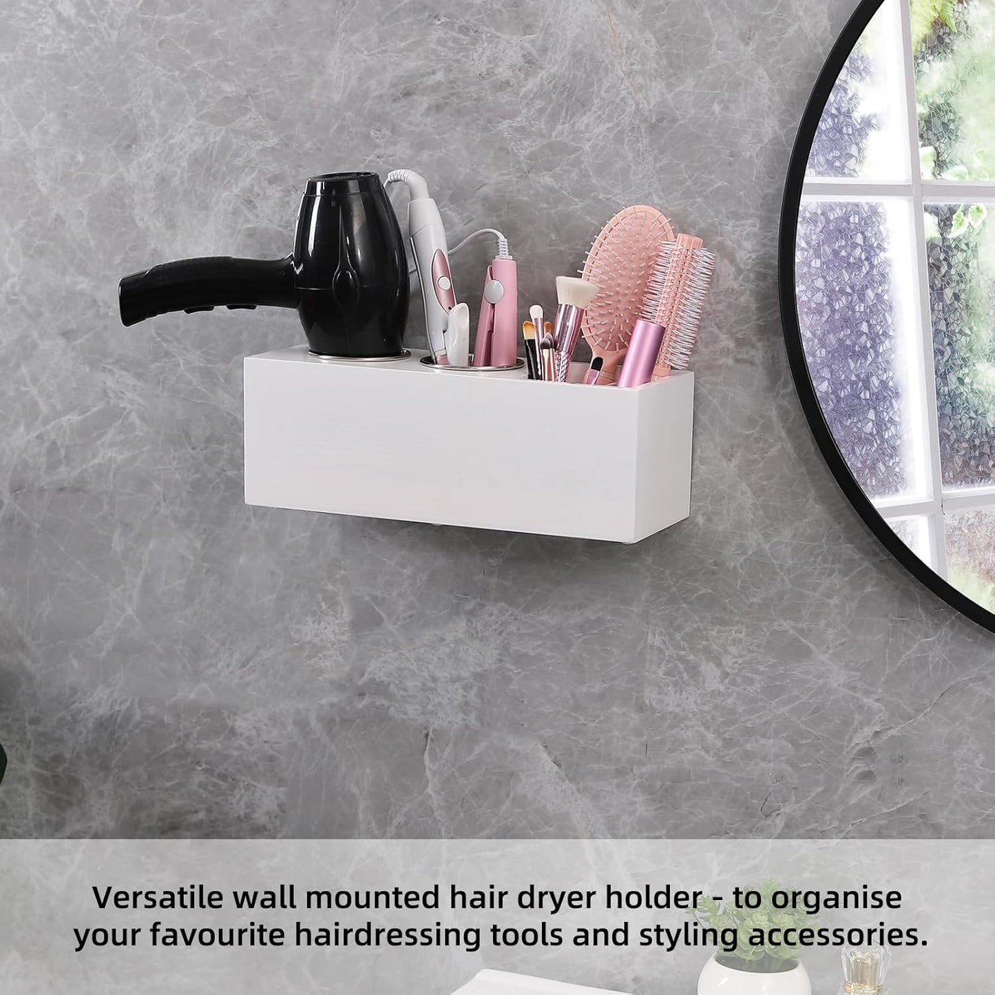 Hair Dryer Countertop Holder, Hair Tool Organizer Wall Mount, Blow Dryer Holder Cabinet Door Organizer, Bathroom Countertop Blow Dryer Holder and Curling Iron Holder (Cedar Wood, White)