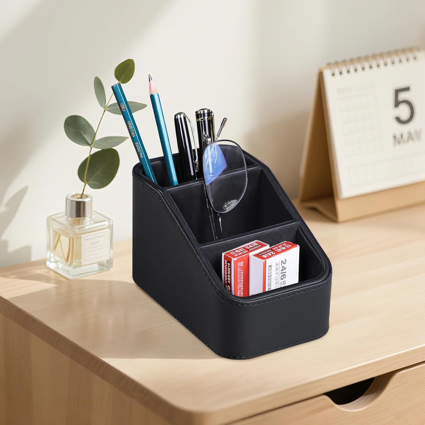 PU Leather Remote Control Holder, Small Desk Organizer Office Supply Bedside Caddy for Nightstand End Table Couch, Pen Remote Organizer with 3 Compartments (Black)