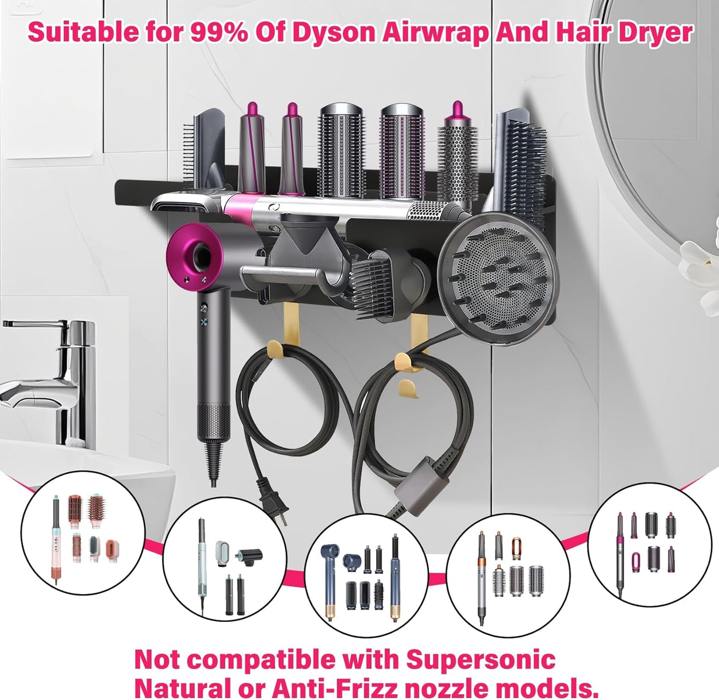 Wall Mount Hair Holder Compatible With Dyson Airwrap and Hair Dryer, Upgraded 2-in-1 Magnetic Dryer Holder Fit for Accessories Nozzles Barrels Brushes