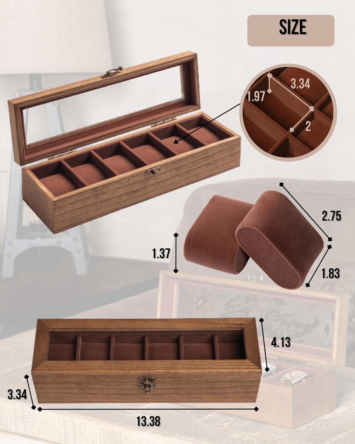 Watch Box for Men and Women - Large Glass Lid, Wooden Display Storage Case With 6 Slots, Retro Burlywood Organizer