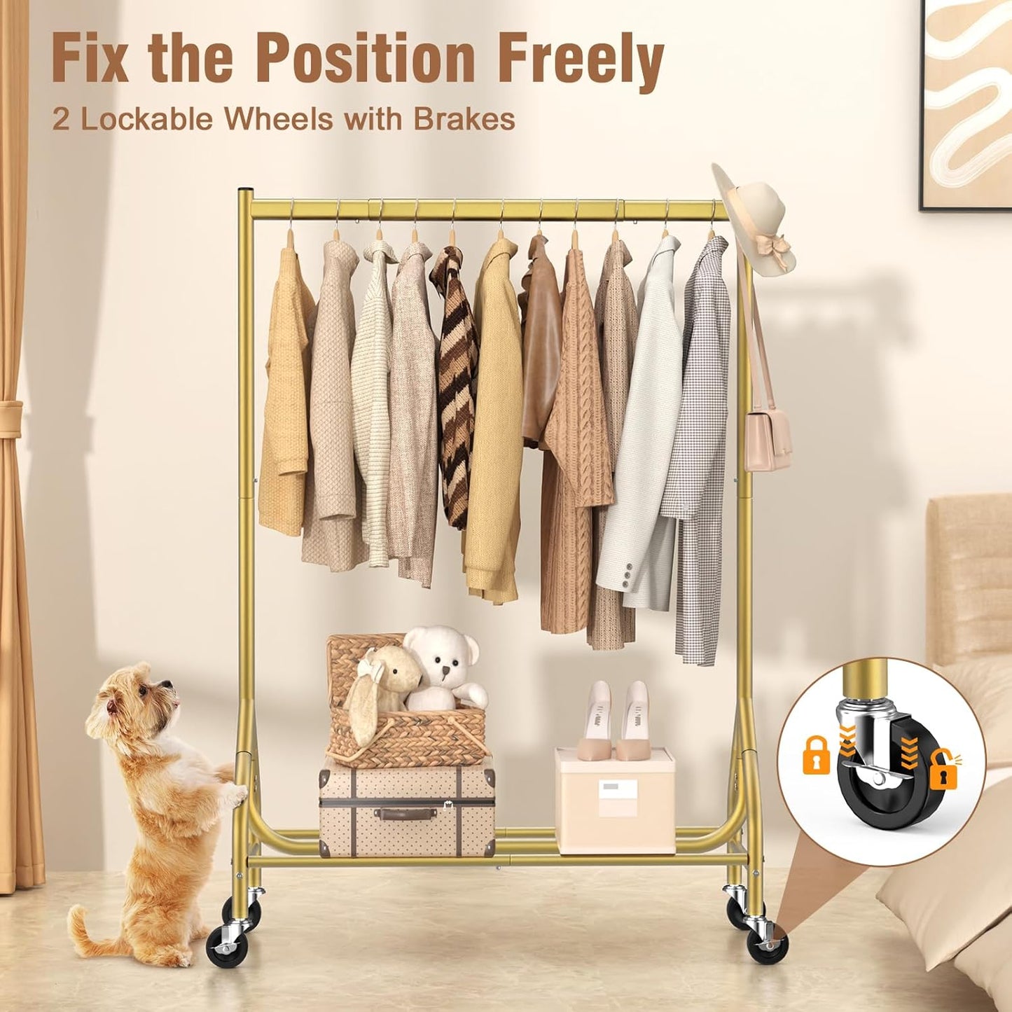 EAGMAK Heavy Duty Clothes Rack Load 420 LBS, Rolling Garment Organizer with Lockable Wheels, Standing Metal Clothing with Shelves, Portable Wardrobe Rack Sturdy Coat Rack for Hanging (Gold)