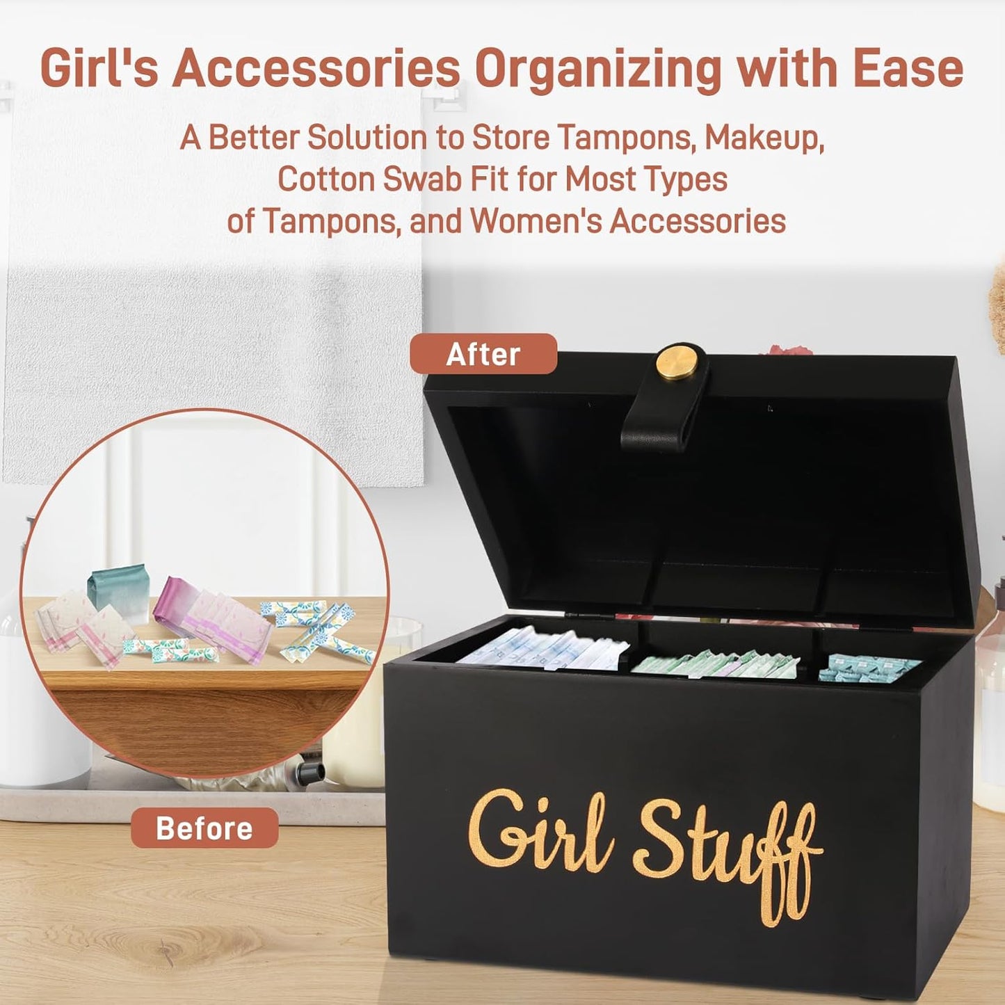 100% Solid Wood Tampon Holder Box with Lid, Copper Leather Pull, Absolute Real Wood Bathroom Decorative Box for Feminine Product Storage and Accessories such as Tampons, Cotton Balls, Gifts for Women