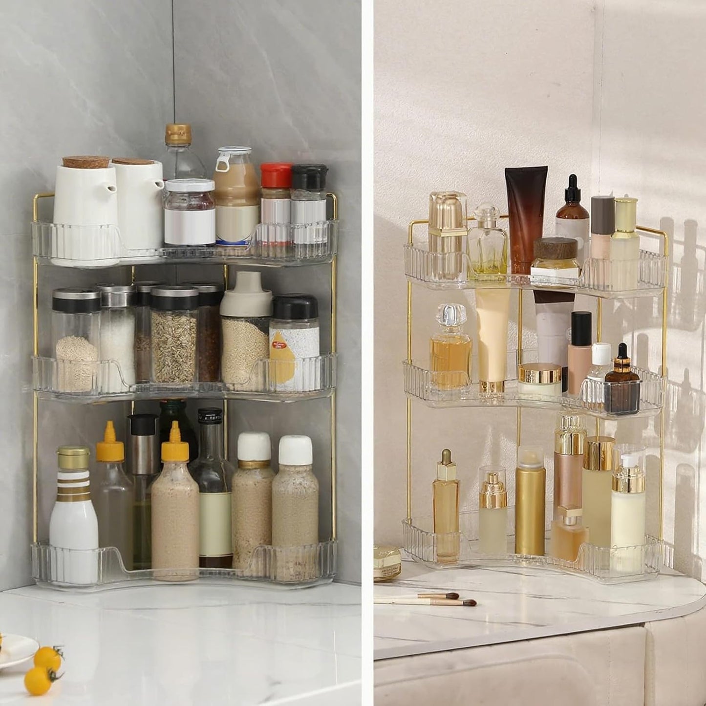 Corner Bathroom Countertop Organizer, Vanity Trays for Counter, Makeup Organizers, Perfume Tray, Kitchen Spice Rack, (Clear, 3 Tiers)