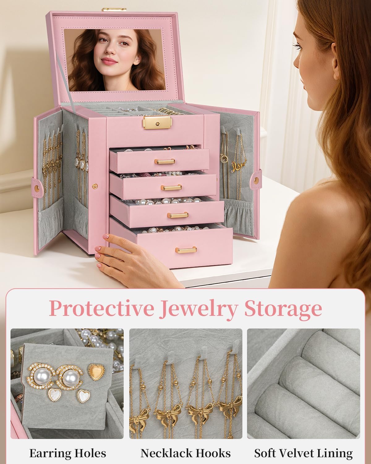 TORIBIO Jewelry Box for Women, Leather Jewelry Organizer with Mirror & Lock, 5-Tier Jewelry Storage Organizer with 4 Drawers for Girls/Women/Mothers, Necklace Earring Bracelets Holder Organizer