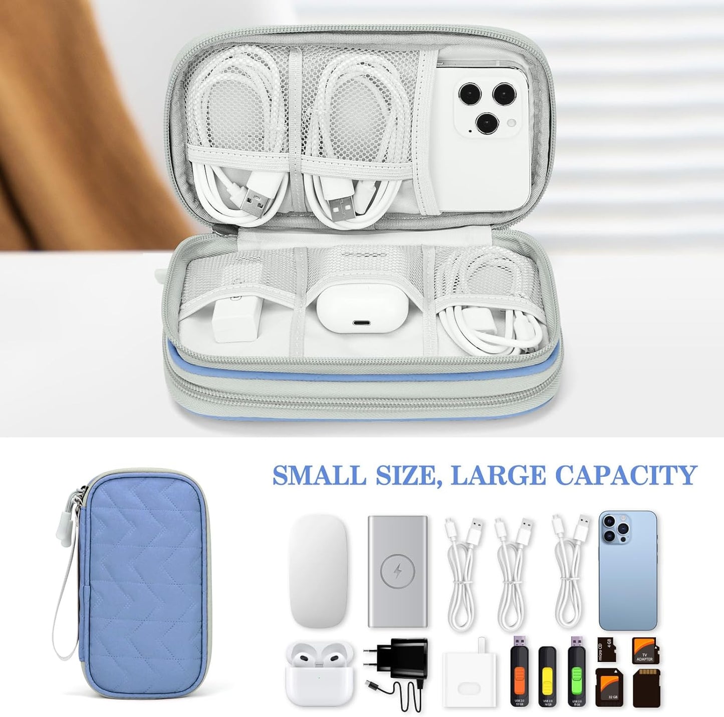 FYY Travel Cable Organizer Pouch Electronic Accessories Carry Case Portable Waterproof Double Layers All-in-One Storage Bag for Cord, Charger, Phone, Pattern Blue