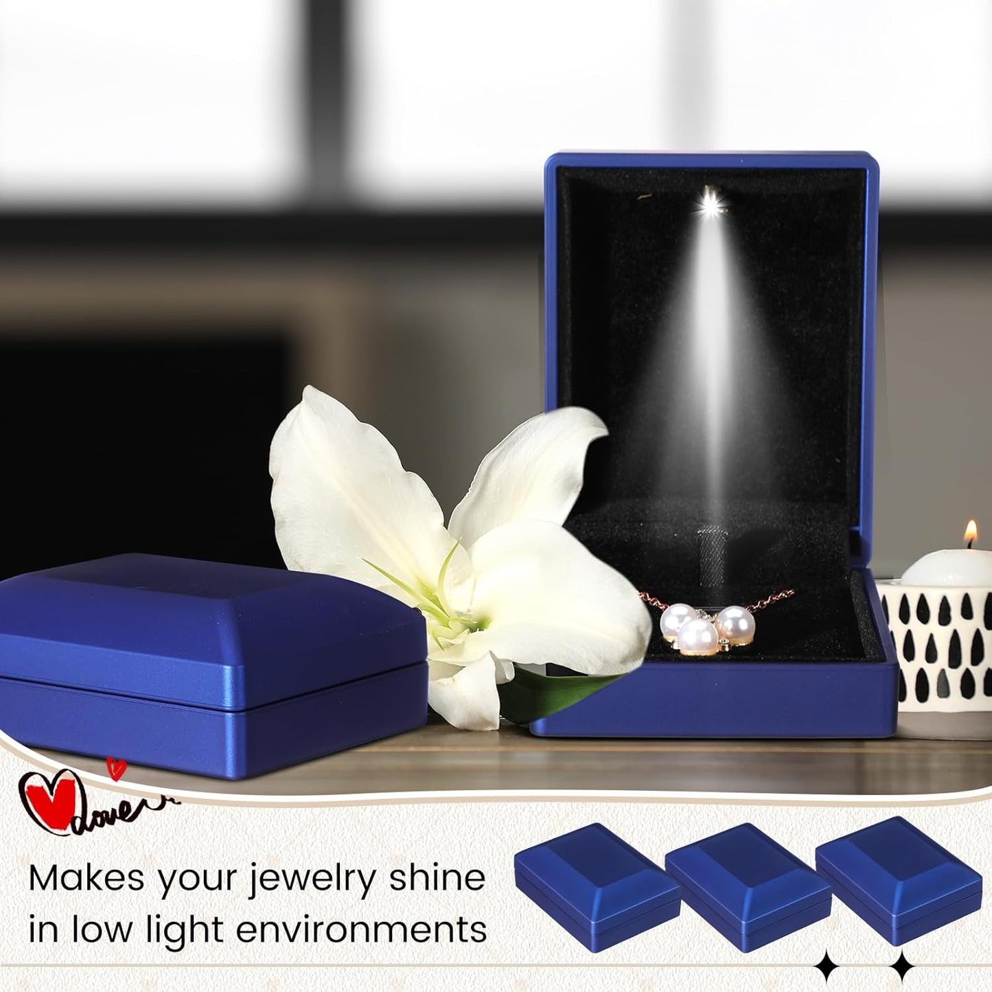 Landical 10 Pcs Pendant Necklace Box with LED Light Velvet Necklace Case for Pendant Bracelet Ring Earring, Jewelry Storage(Blue)