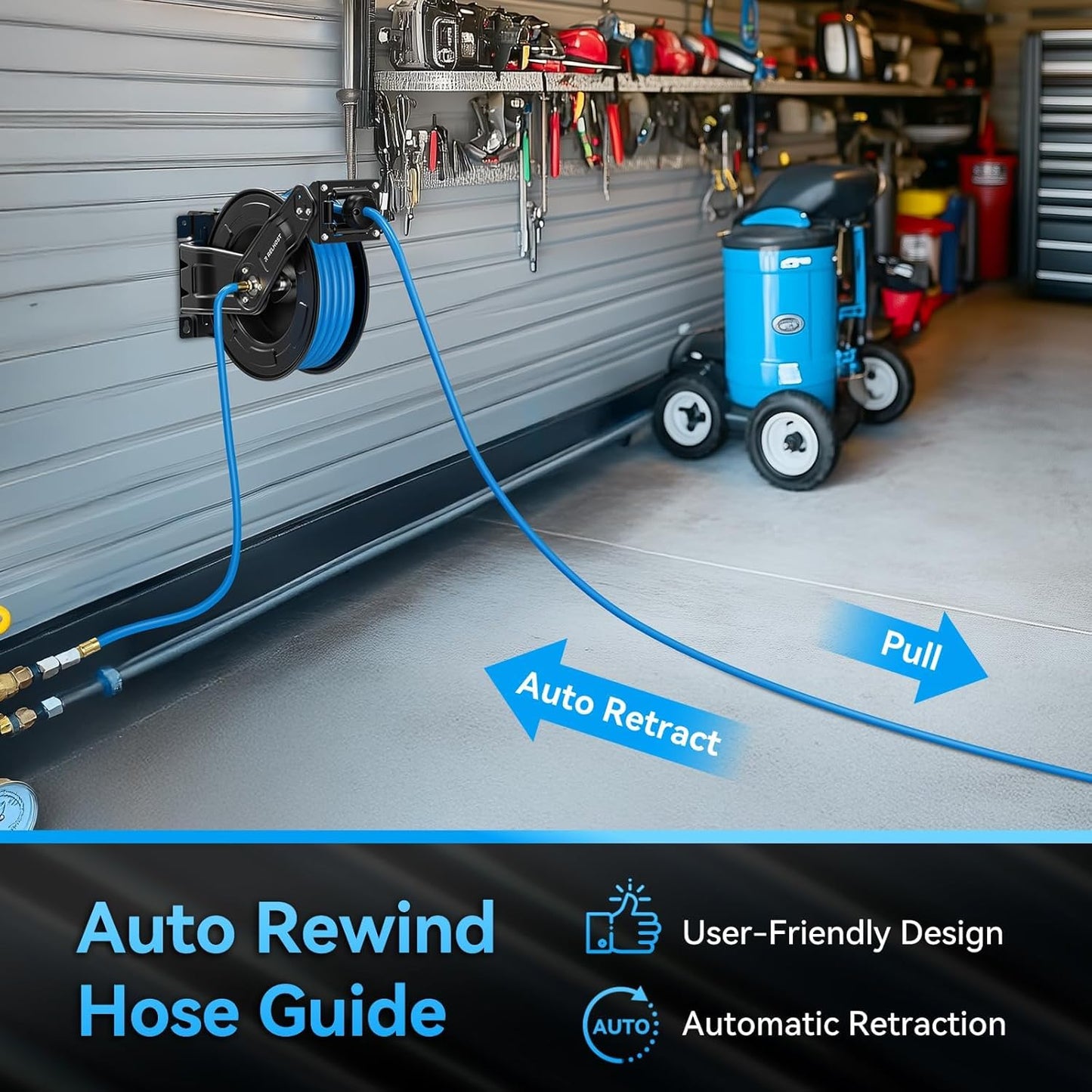 Retractable Air Hose Reel Dual Arms, 50 ft x 3/8 in Hybrid Air Hose (300PSI), Heavy Duty Compressor Hose Reel, Auto Rewind & 180° Swivel - Wall/Ceiling Mount for Workshops