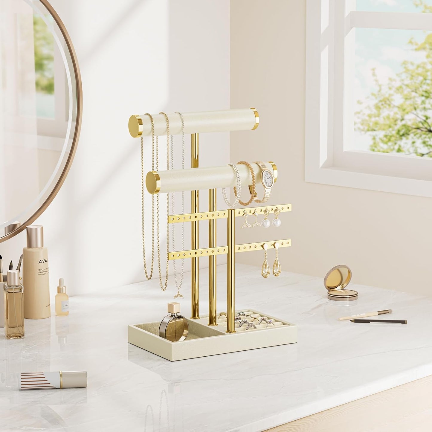 3 Tier Bracelet Holder Display - Beige Leather Bracelet Holder, Detachable T Bar Jewelry Holder Organizer for Bracelet, Necklace, Earrings, Rings, Watches, Bangle