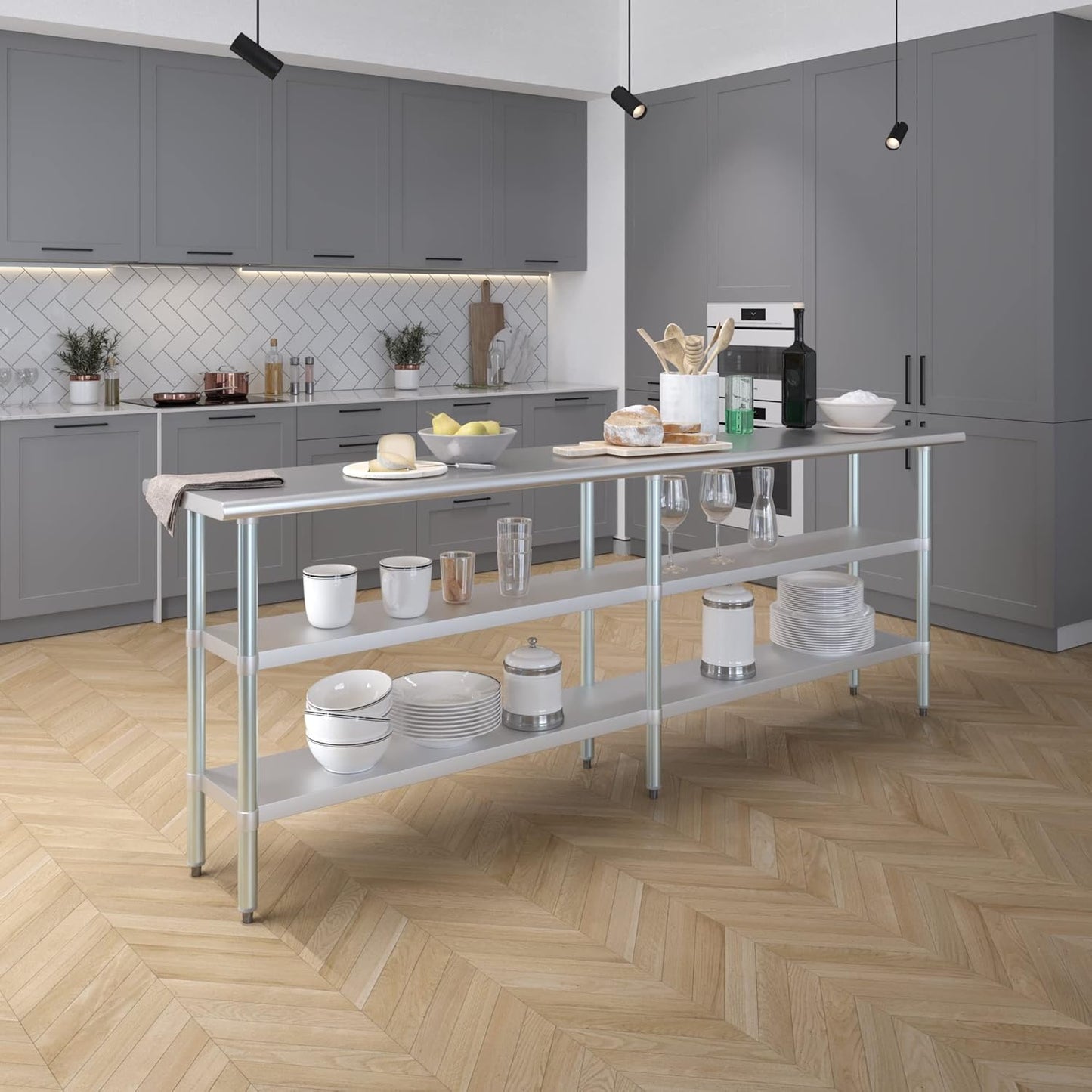AmGood Stainless Steel Work Table with 2 Shelves | NSF | Metal Utility Table (96" Long x 18" Deep)