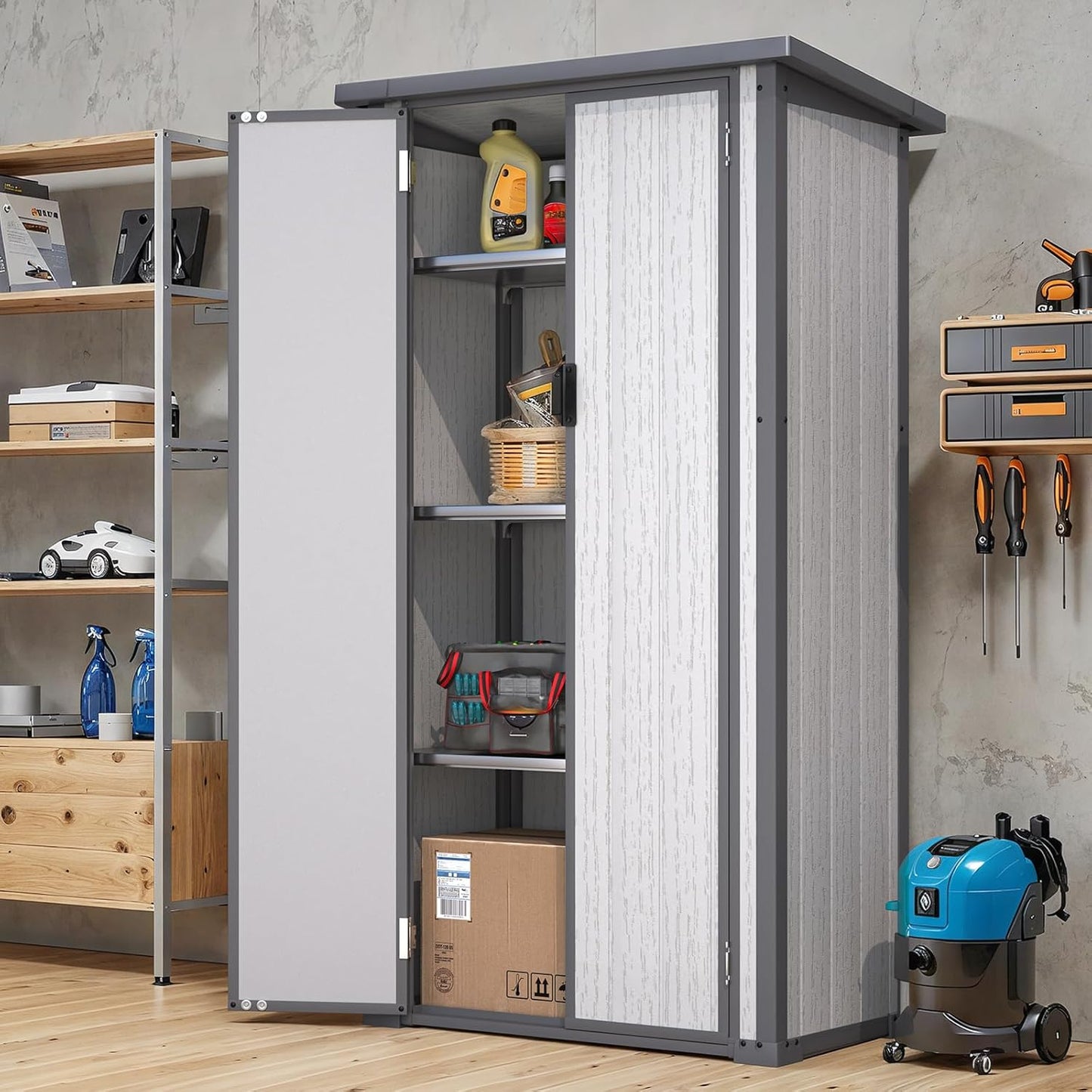 U-MAX Resin Outdoor Storage Cabinet Waterproof with Adjustable Shelves, Vertical Tall Plastic Storage Shed with Reinforced Floor, All Weather Sheds & Outdoor Storage Clearance with Base for Outside