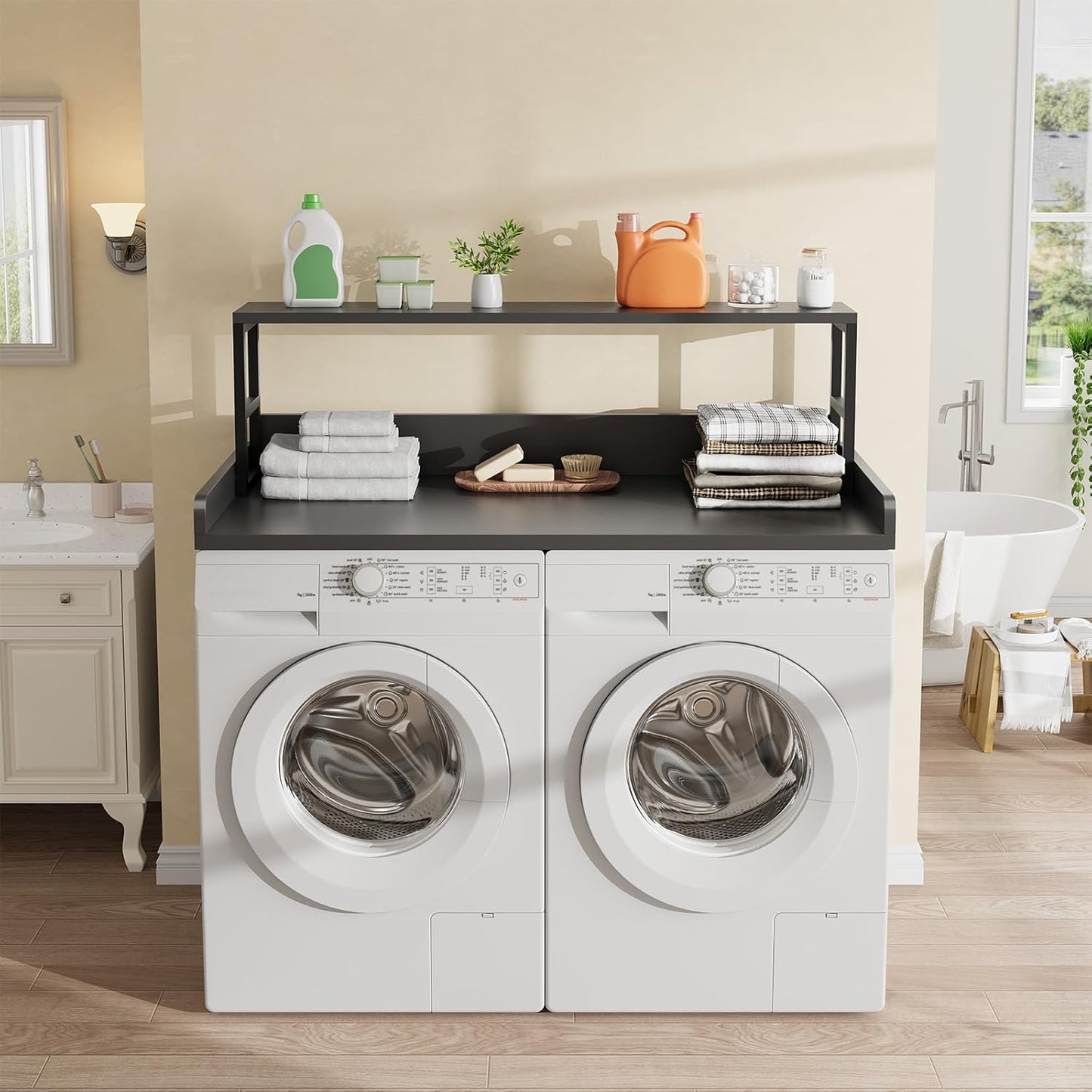 Washer Dryer Countertop with Shelf, 27.5″D x 54″W x 16.7″H, Countertop for Washer and Dryer Top with Non-Slip Pads and Edge Rails, Laundry Room Storage and Organization(Black)