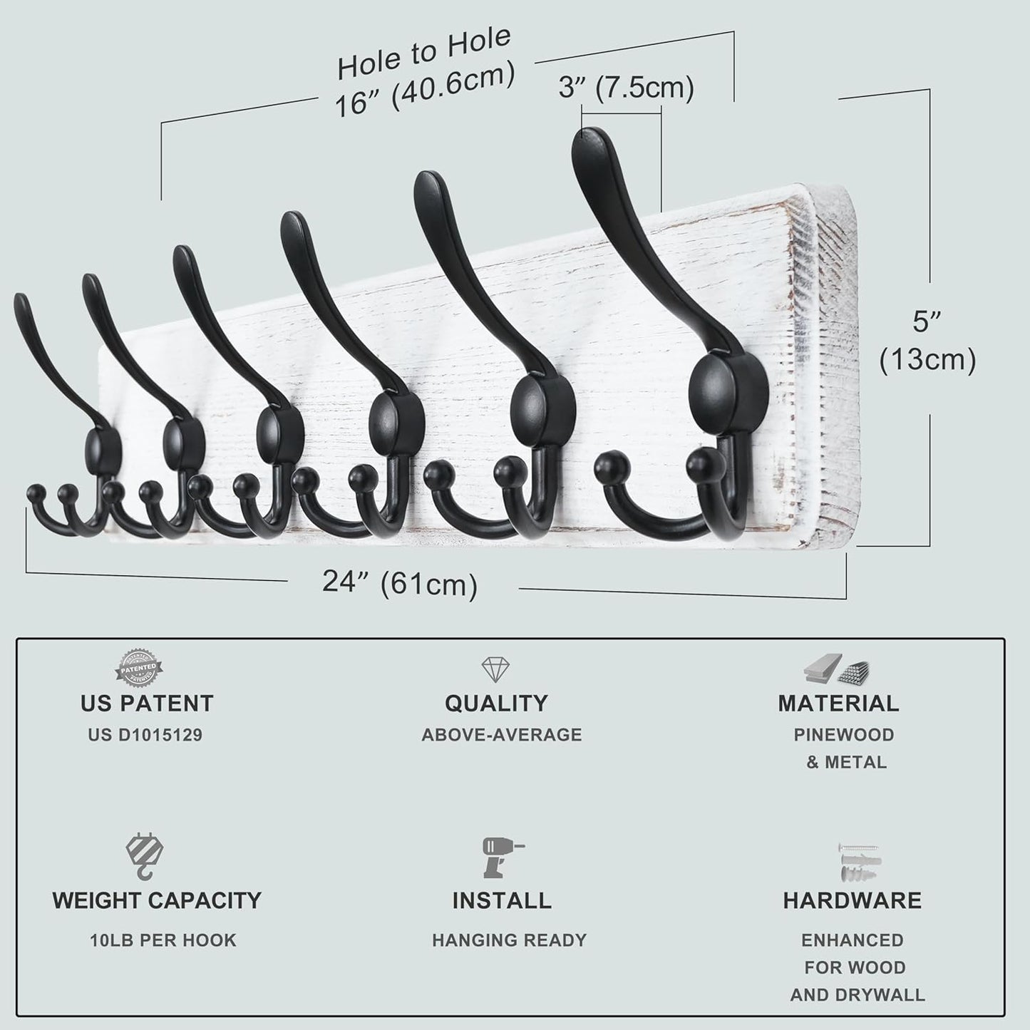 Dseap Coat Rack Wall Mounted - 24" Long 6 Tri Hooks, Heavy Duty Wooden Wall Coat Hanger Coat Hook for Clothes Hat Jacket Clothing, White and Black, Pack of 2
