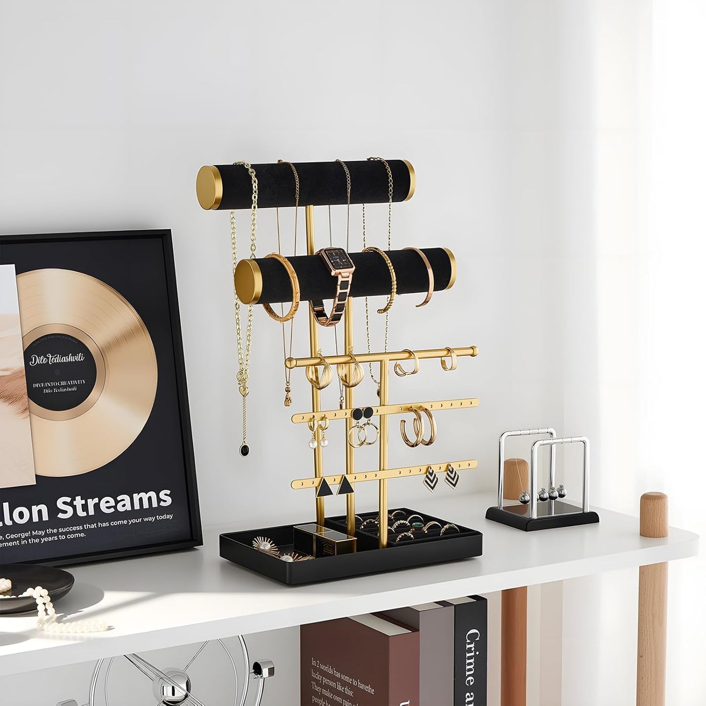 Lolalet Bracelet Display Stand Necklaces Holder, 5 Tiers Jewelry Organizer and Storage Rack with Velvet Slot and Metal Base, for Women Bangles Watches Ring Earrings -Black