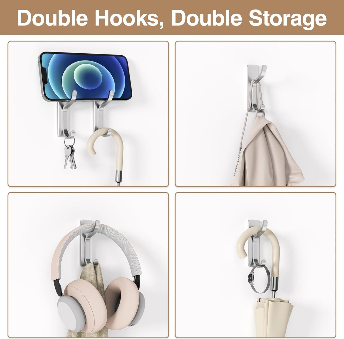 pickpiff Wall Hooks for Coat and Towel: 13LB Adhesive Door Hanger Stick on for Bathroom, Dorm, RV, Closet - Silver, 4 Pack