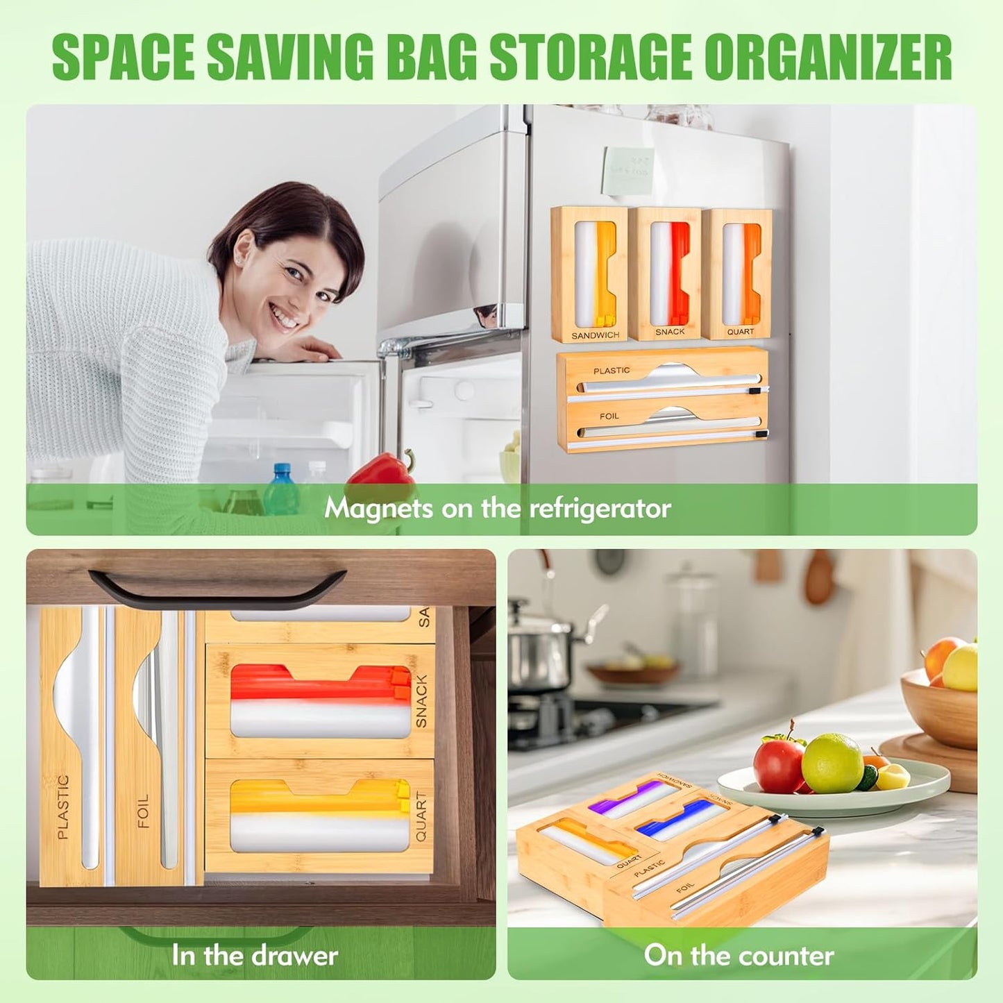 Magnetic Ziplock Bag Organizer for Refrigerator or Drawer, Bamboo Foil and Plastic Wrap Organizer with Cutter, Kitchen Food Storage Bag Holder for Gallon, Quart, Snack, Sandwich, Size Baggie