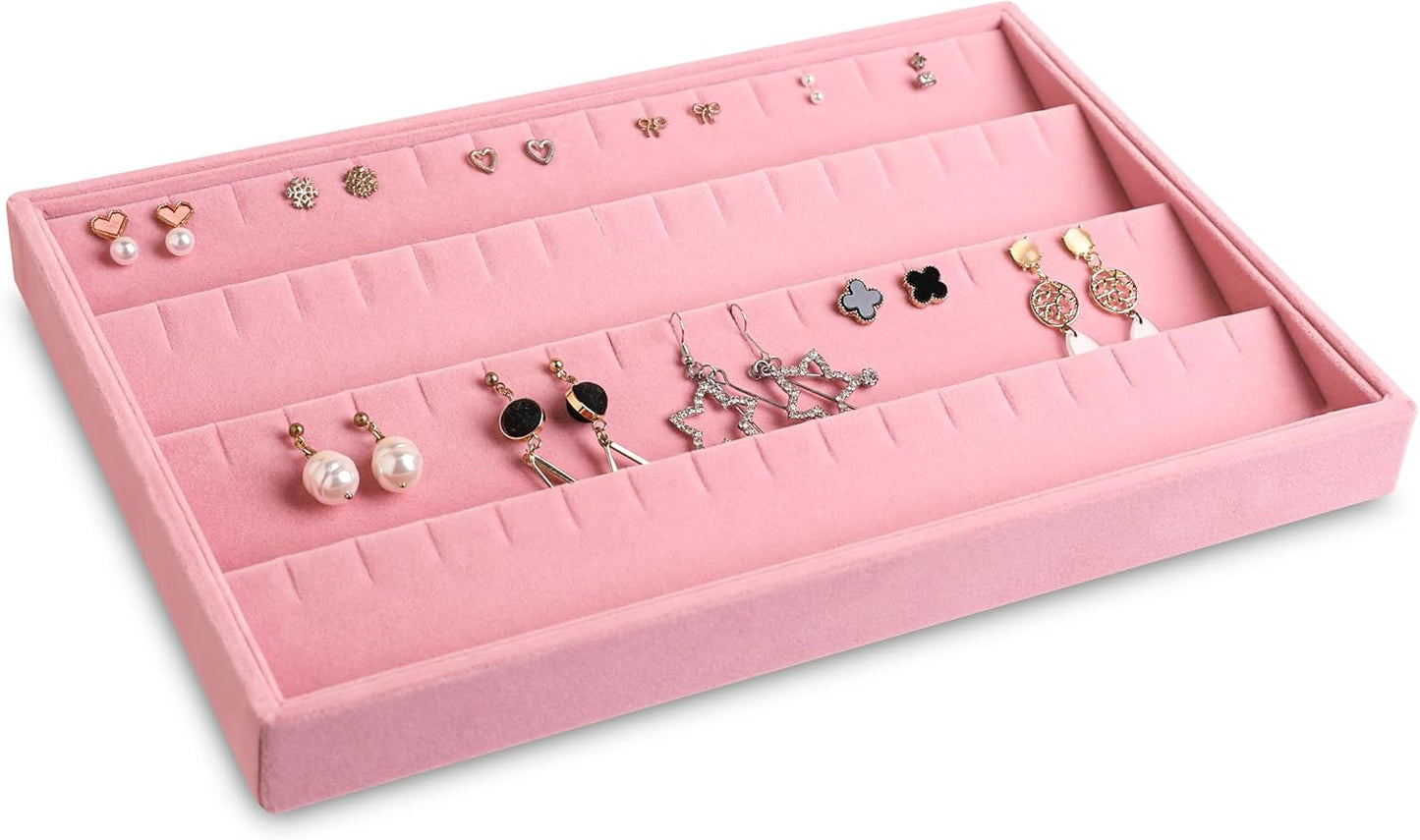 Frebeauty Stackable Velvet Jewelry Organizer Trays for Drawers Inserts Jewelry Storage Tray Display Case, Stud Earrings Bracelets Necklace Rings Accessories Trays for Women(Set of 4)(Pink)