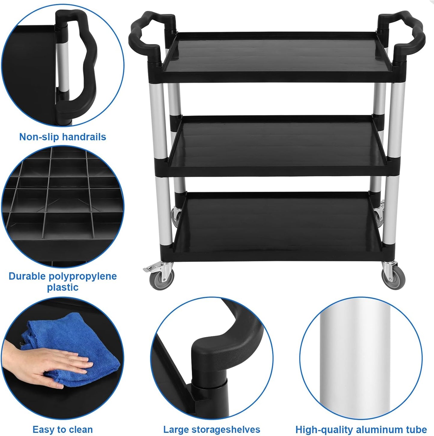 3-Tier Heavy Duty Utility Cart with Wheels, 43" Lx 21" W x 38" H, Durable Rolling Cart for Restaurant, Office, Kitchen, and Warehouse Use, Lockable 360° Swivel Casters Service Cart, Black