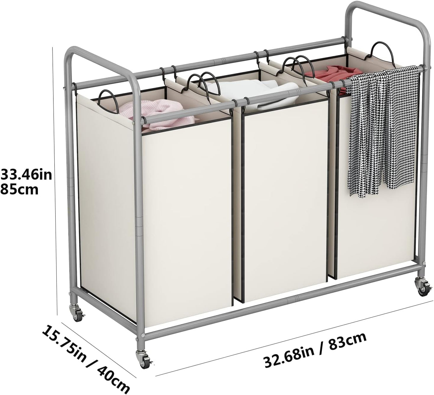 LINZINAR 3-Bag Laundry Sorter,Laundry Hamper Cart with Heavy Duty Rolling Lockable Wheels and Removable Bags (Beige)