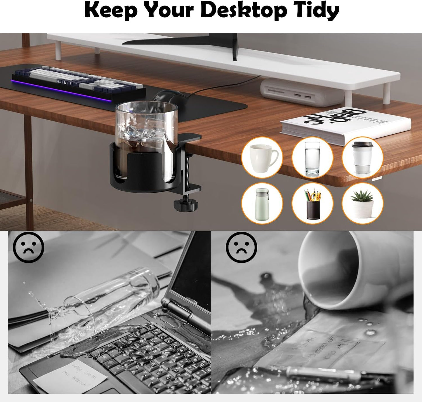 Large Desk Cup Holder Clamp, Anti-Spill Cup Holder for Your Desk or Table,Cup Holder Inner Diameter 9.5cm,Capacity 5kg/11lb Compatible with Universal Cup, Bottles(Black) (Desk Cup Holder)