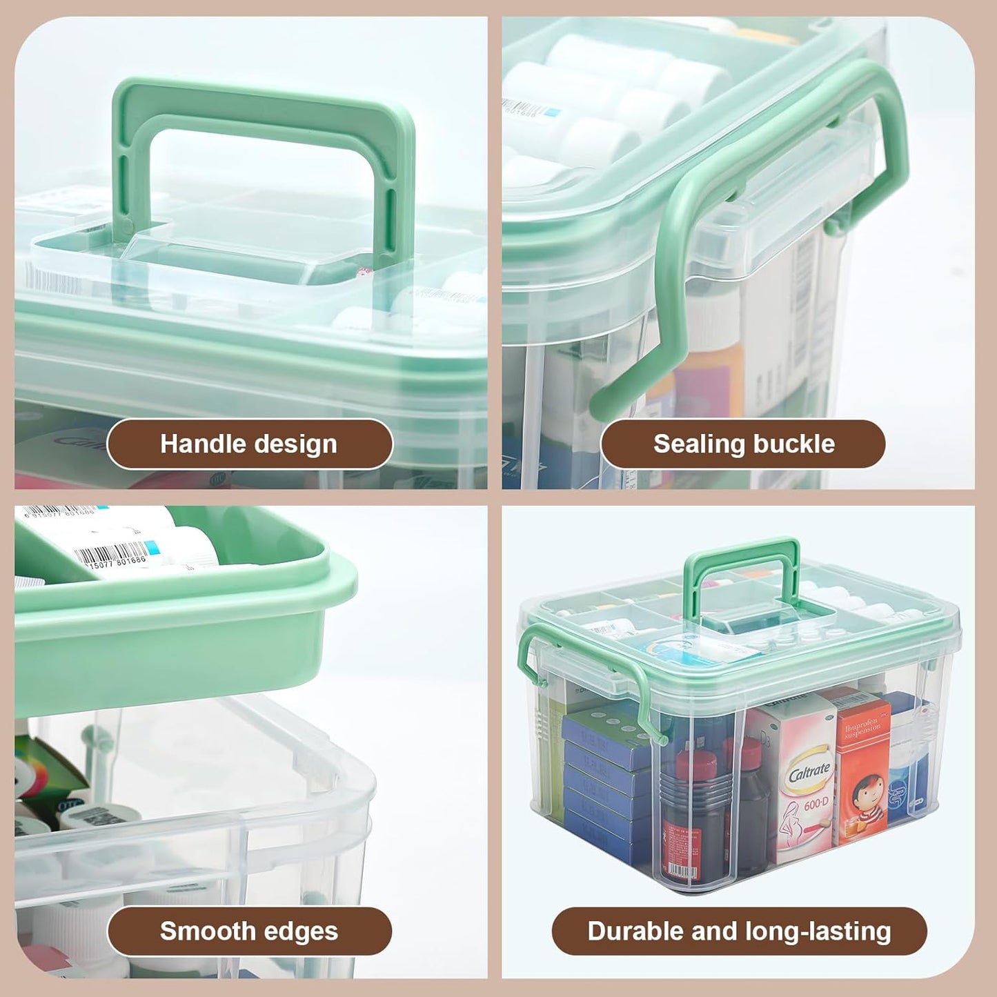 15QT Clear Medicine Organizer Storage Box with Handle & Tray - Thickened Plastic Empty First Aid Box, Multipurpose Medical Container with Lids/Labels, Medication Caddy for Home, Baby, Elderly, Dorm